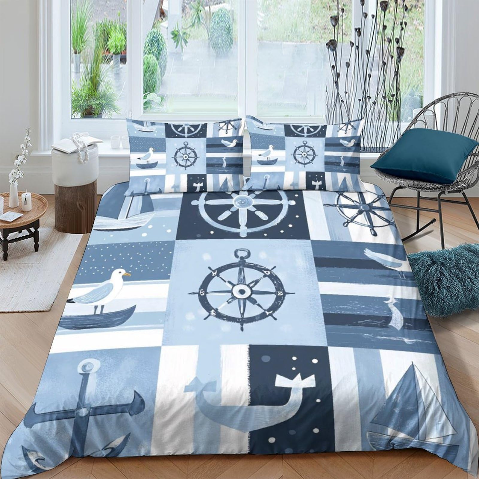 Ctjqhvkz Style-9 3D Printed Nautical Anchor Fitted Sheet Microfiber Blue Helm Mattress Cover For Bedroom Guest Room Decor Easy Care Single（135X200cm）