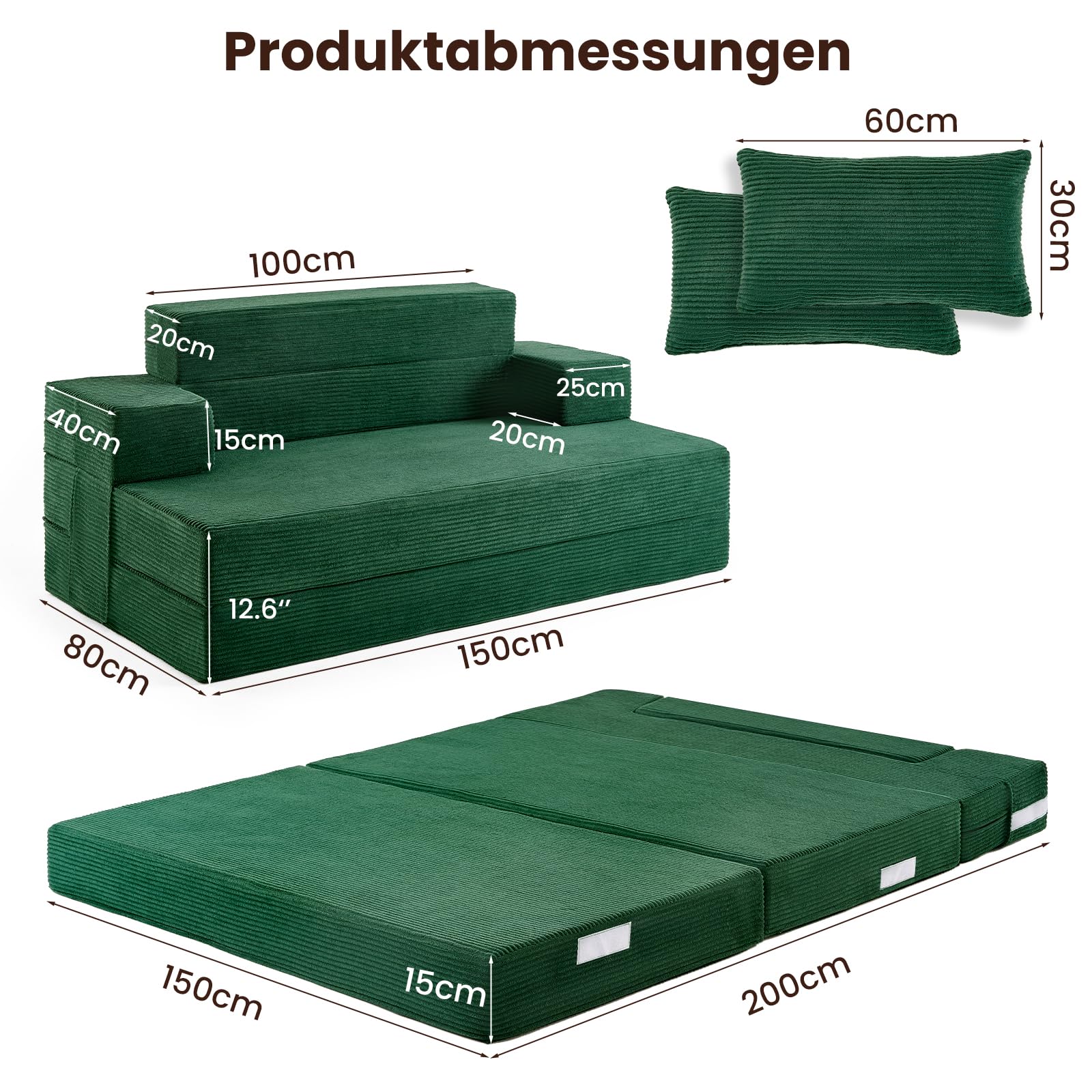 3-in-1 Schlafsofa 150 x 200 cm – Schlafsessel mit Bettfunktion, klappbares Bettsofa, Faltbare Schlafcouch mit integrierten Rückenkissen & separatem Kissen, waschbarer Bezug, Dunkelgrün