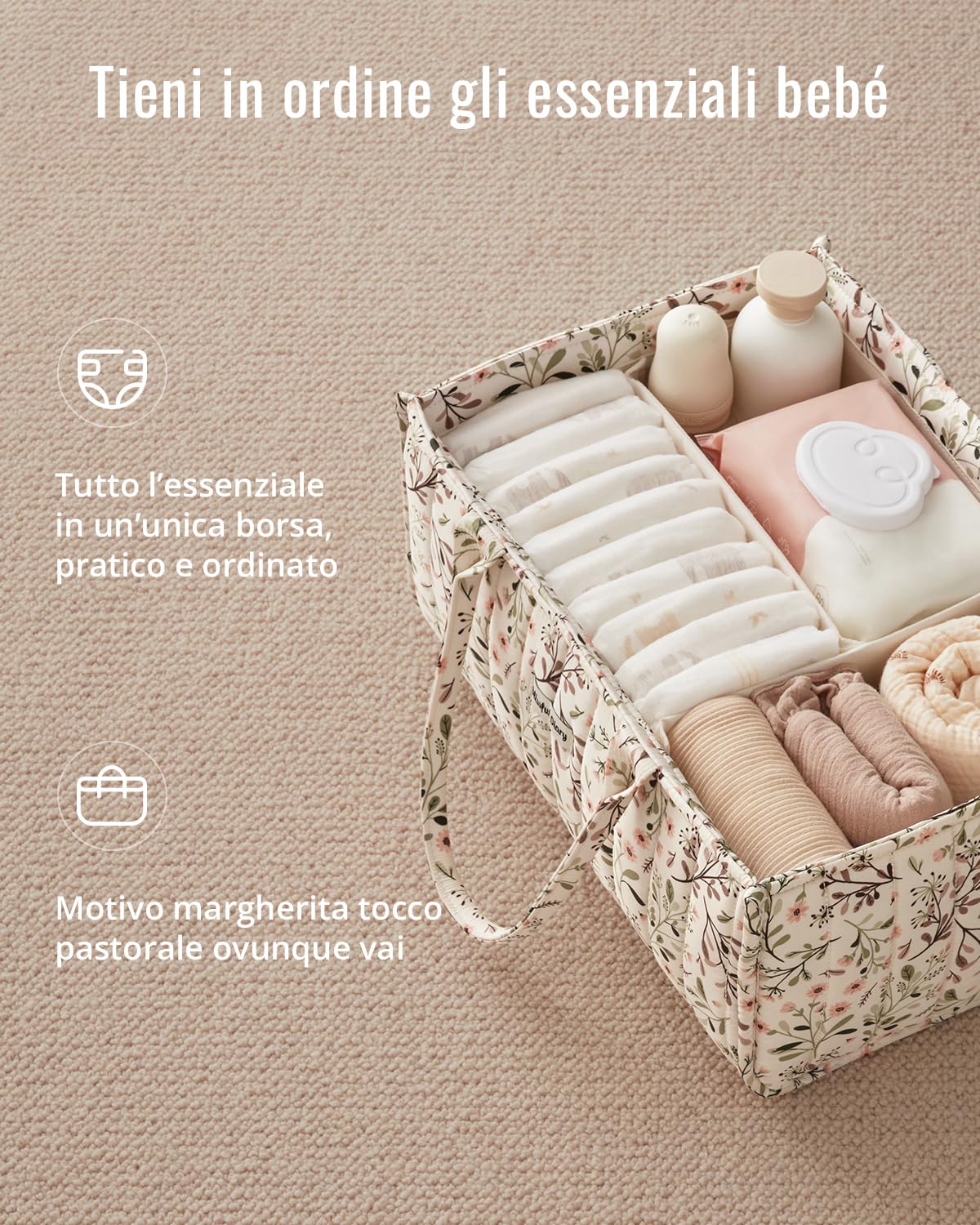 Blissful Diary Organizer per pannolini, Organizer Fasciatoio, Cesto Prodotti Neonato, Cestino di Archiviazione Elegante per Necessità Neonatali e Stazione per Luiers, Margherita Pastorale