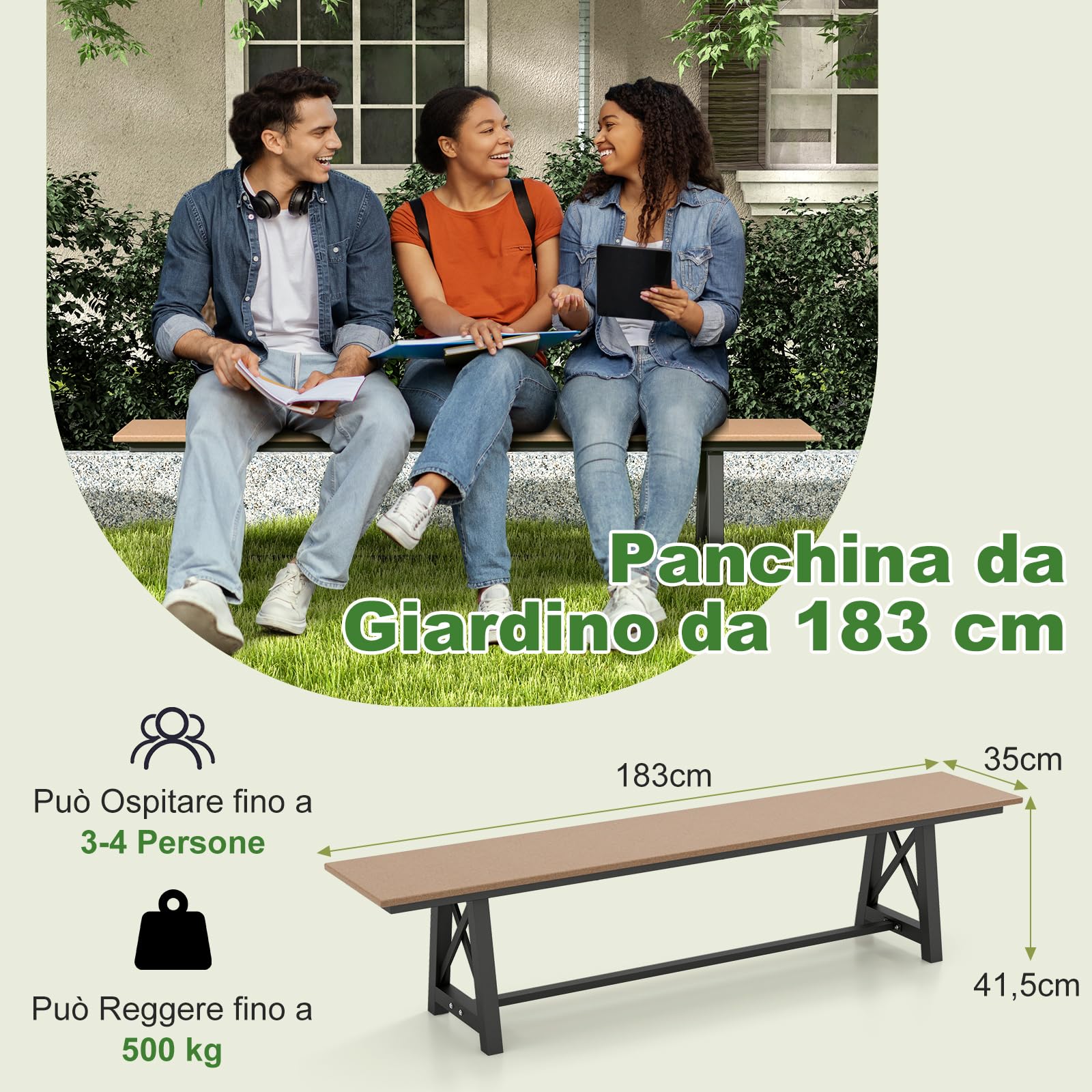 COSTWAY Panchina da Esterno in HDPE, Panca da Giardino Resistente alle Intemperie con Struttura Metallica, Panchina da Giardino, Cortile, Patio e Parco, Capacità di 500 KG