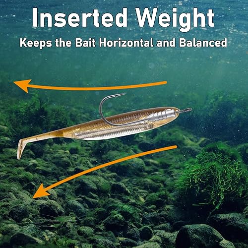 Miniatura 7 de Dr.Fish Paquete de 20 ganchos de gusano con peso de pesca, anzuelo de natación con peso, ganchos de gusano para lubina, inserto de peso para uñas,