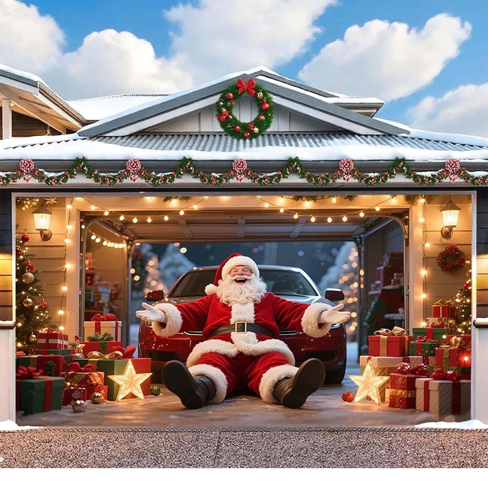CulineformX Christmas Garage Door Decor, 16x7ft Outdoor Holiday Banner With Rope For Hanging, Xmas Snow Santa Scene For House Front Door, Yard, Party & Photo Backdrop