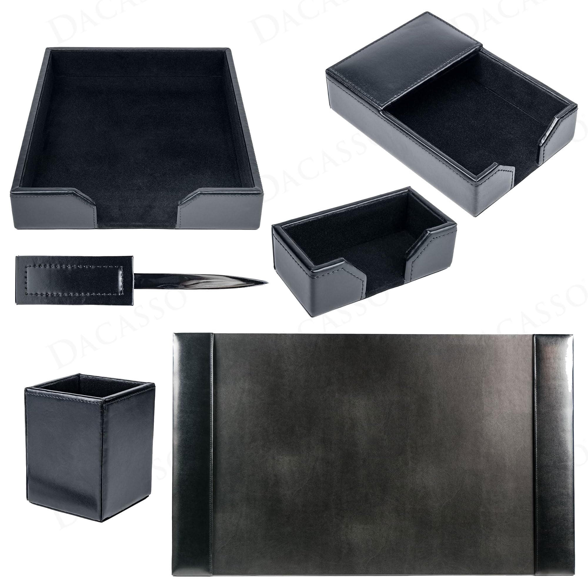 Dacasso Set di 6 accessori da scrivania in pelle rigenerata nera – Sottomano da scrivania & Organization Essentials
