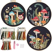 Myfelicity Mushroom Embroidery Kit Set: 3 Hoops, Pre-Printed Black Fabric, Threads, Needles & Instructions for Beginners