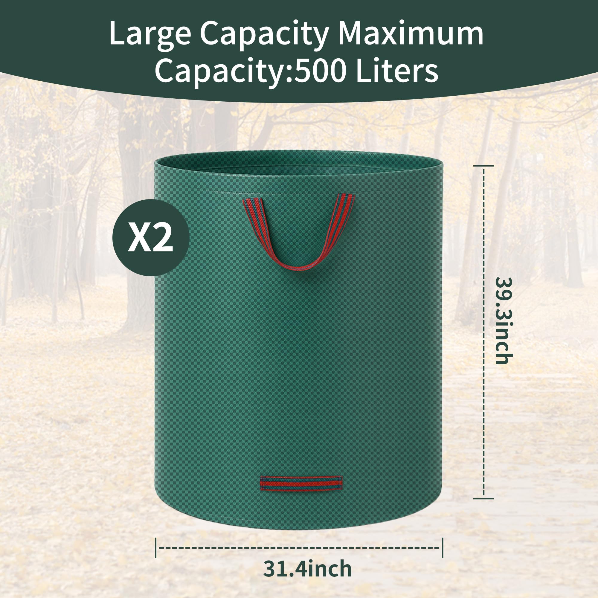 SUBEEN Sacchi Per Rifiuti Da Giardino 300L (3 Pezzi) – Riutilizzabili, Impermeabili E Resistenti Con Manico – Verde, Grandi Sacconi Per Foglie E Sfalci - 3