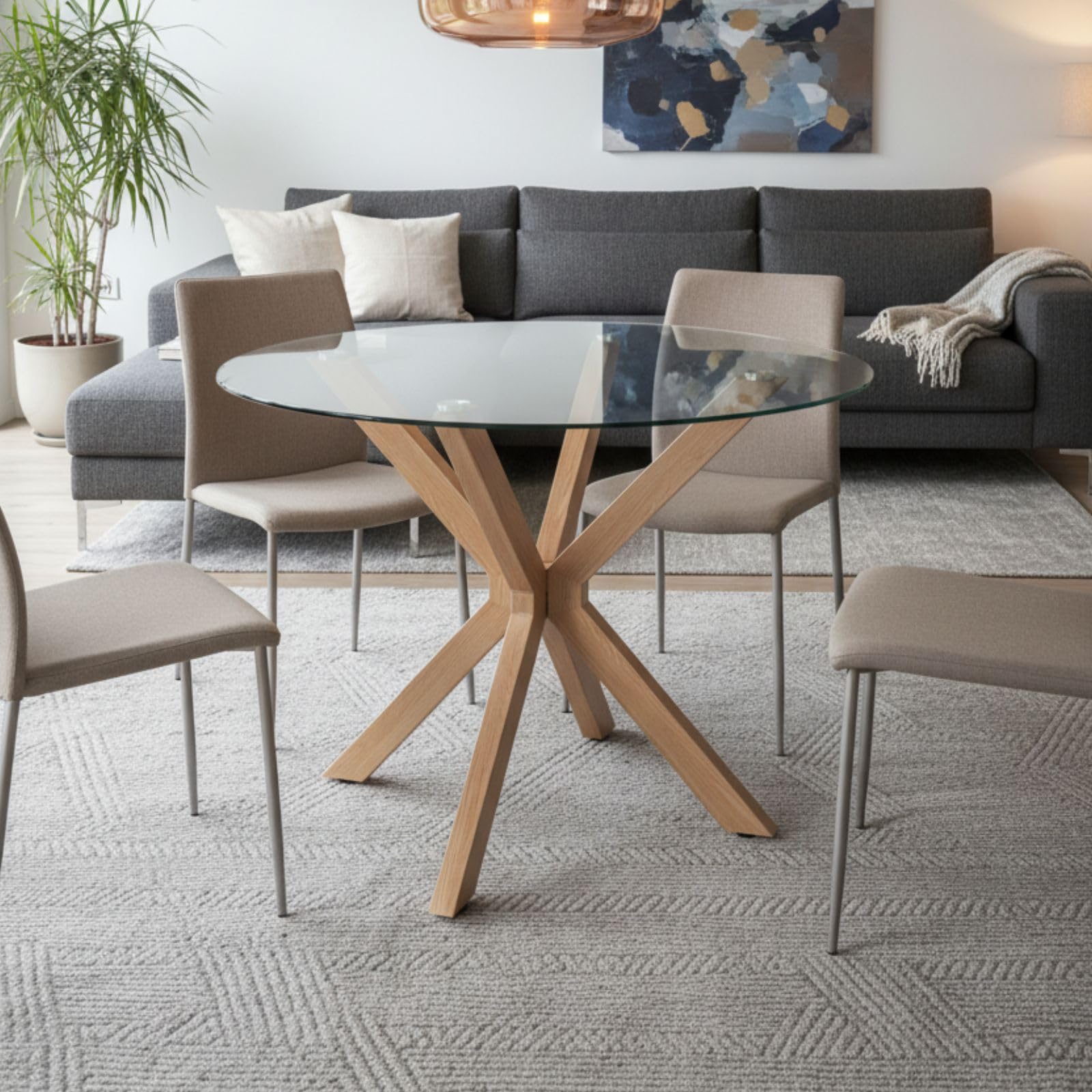 Mesa Redonda Comedor - Patas Metálicas Acabado Efecto Madera - Mesa Comedor Redonda de 100 cm. Diámetro - Mesa Comedor Cristal Templado 8 mm. de Grosor