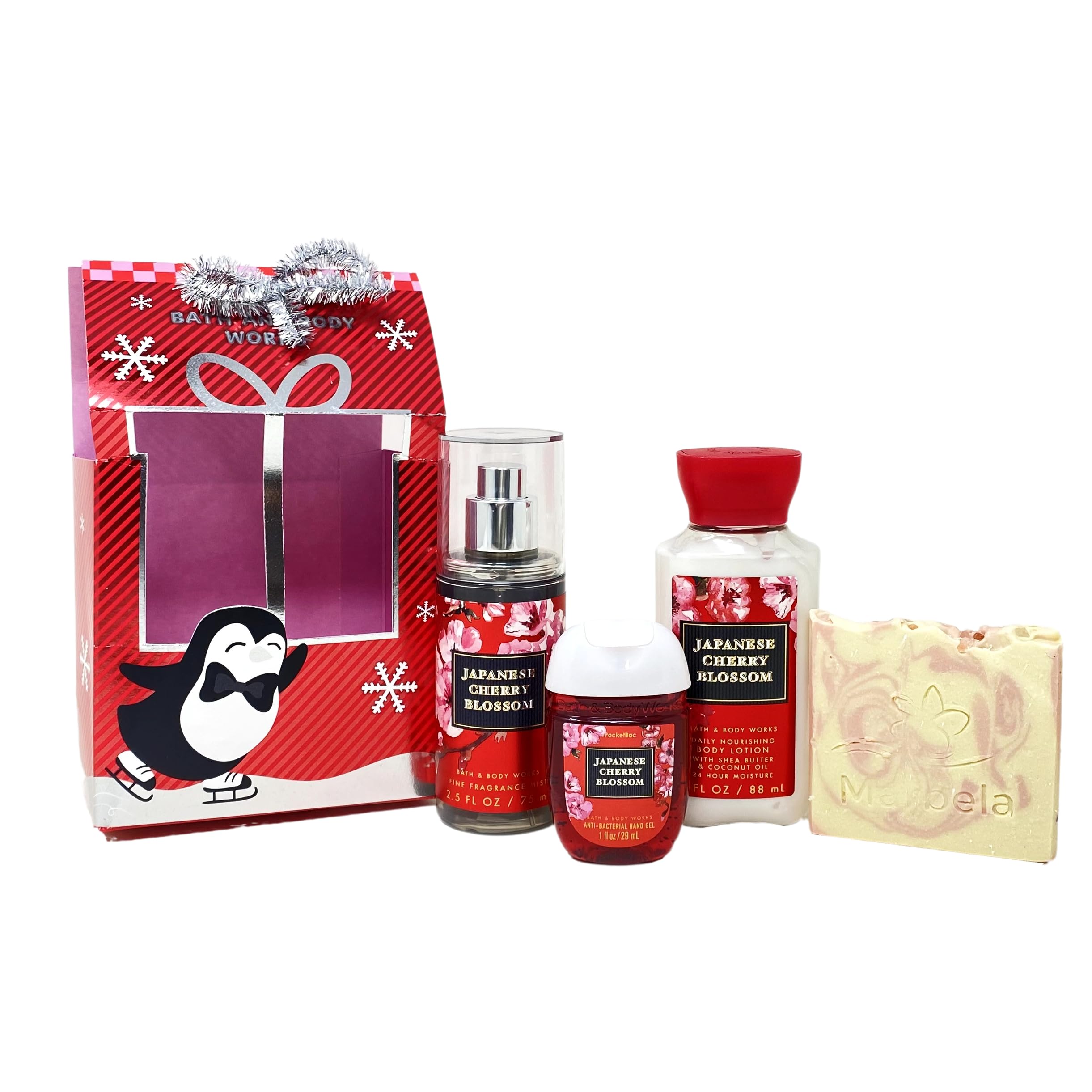 Bath & Body Works Japenese Cherry Blossom Mini Gift Bag Trio - Fragrance Mist - Body Lotion and Hand Gel - with a Himalayan Salts Springs Sample Soap