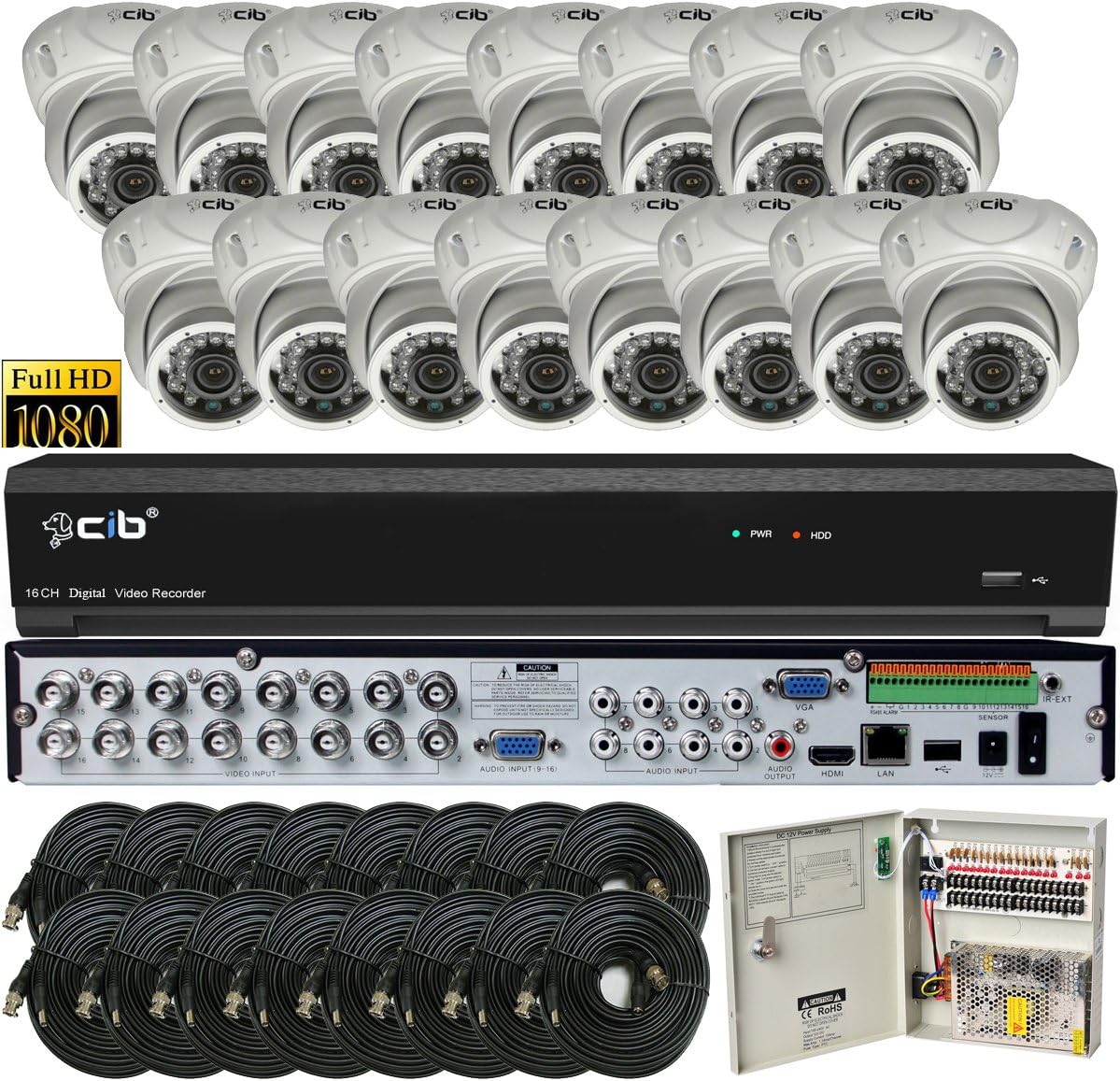 CIB Security T80P16K2T03W-TAI-16KIT 16CH 1080P Video Security DVR, 2TB HDD & 16x2.1-MP 1920TVL Night Vision Camera, White