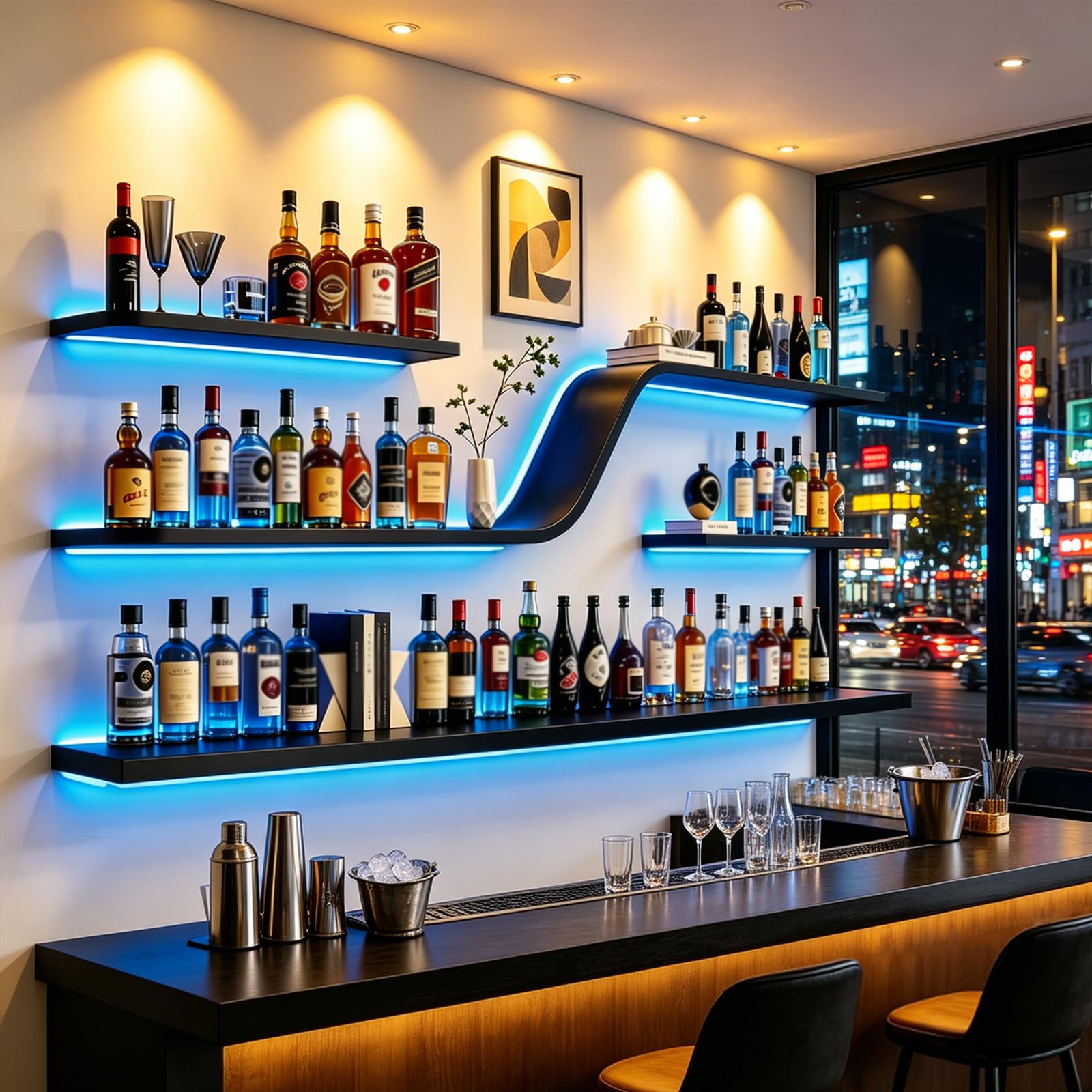 120cm Portabottiglie da parete con luci LED, espositore per bottiglie di liquori, mensole da bar in metallo a 3 ripiani, ideale per bar, caffetterie e ristoranti