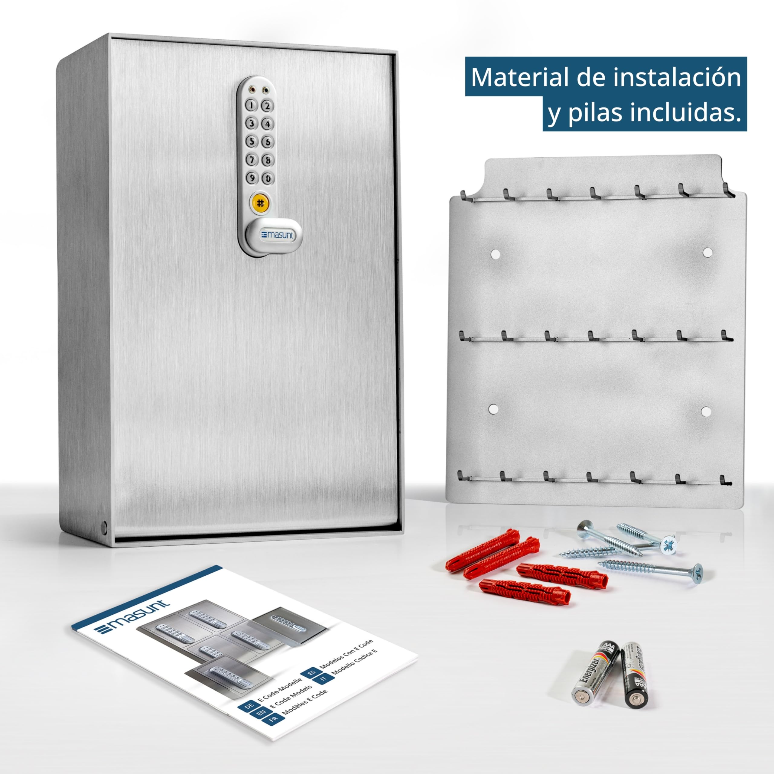 masunt Caja fuerte para llaves 2145 E Code | Caja fuerte para llaves con innovadora asignación de códigos en línea a distancia | Caja fuerte digital para llaves de sólido acero inoxidable V4A Plata