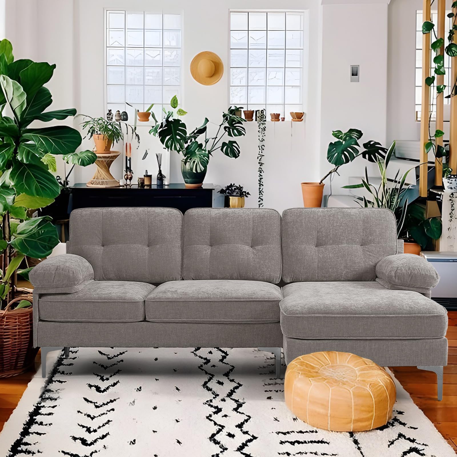82" Chenille L Shaped Sectional Couches for Living Room, 3 Seater Comfy Modular Sofa with Chaise for Small Spaces,Mid Century Modern,Deep Seat,Grey