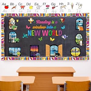 Honoson 56 Pcs Reading Bulletin Board Set Back to School Classroom Decoration Reading is a Window Bulletin Boards Book Border for Motivational Library Classroom Chalkboard Wall Decor(Window)