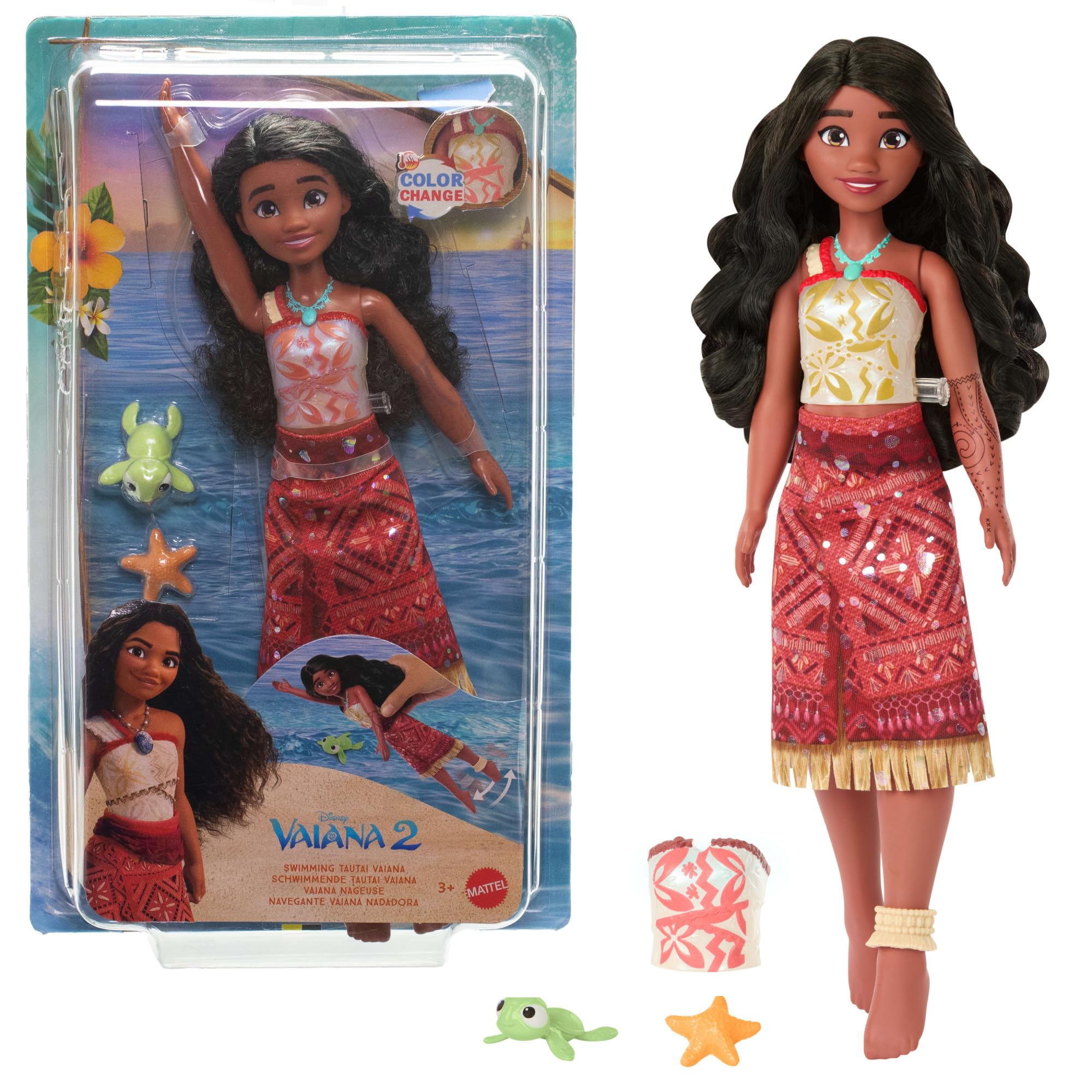 Mattel Disney Vaiana 2 Toy Swimming Tautai Vaiana Fashion Doll with 2 Accessories Colour Changing Top and Water Trampling Legs Movie Inspired JFF09