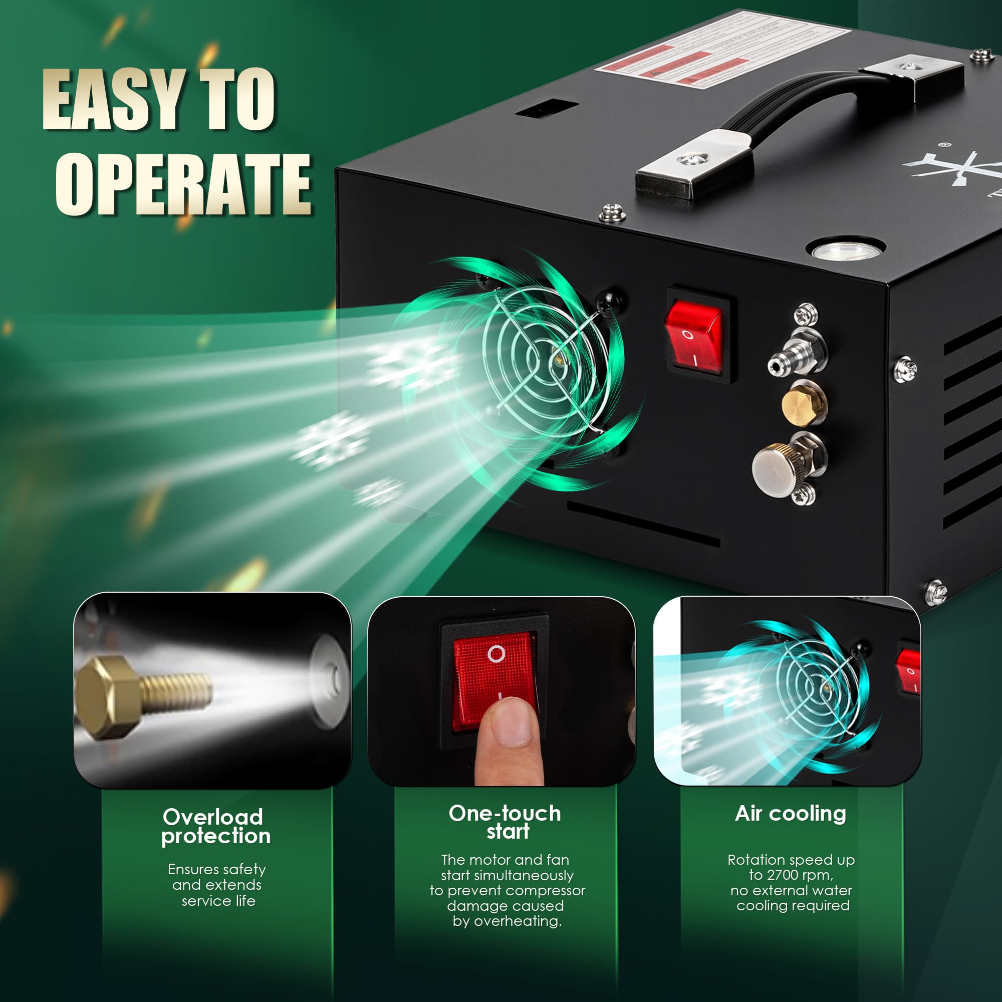 TUXING Compresseur d'air PCP 4500Psi, Compresseur d'air ajustable haute pression alimenté par voiture 12V DC ou maison 220V AC avec adaptateur (inclus), Pompe pour Scuba Tank