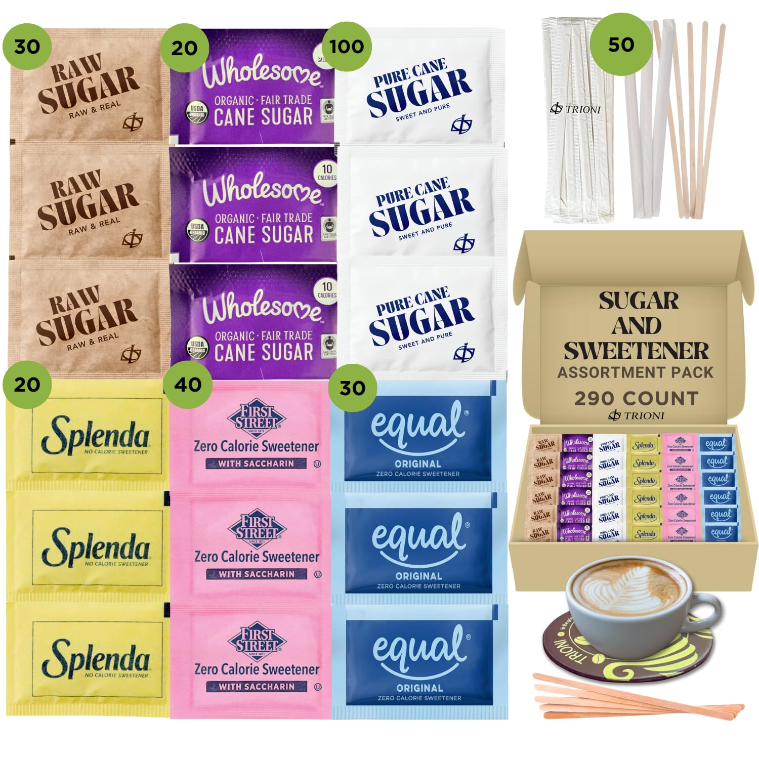 Sugar and Sweetener Assortment Packets Variety Pack Bundle - 290 total count of Sugar Packets and Sweetener Packets (240ct) with Stirrers (50ct) for Tea and Coffee by TRIONI
