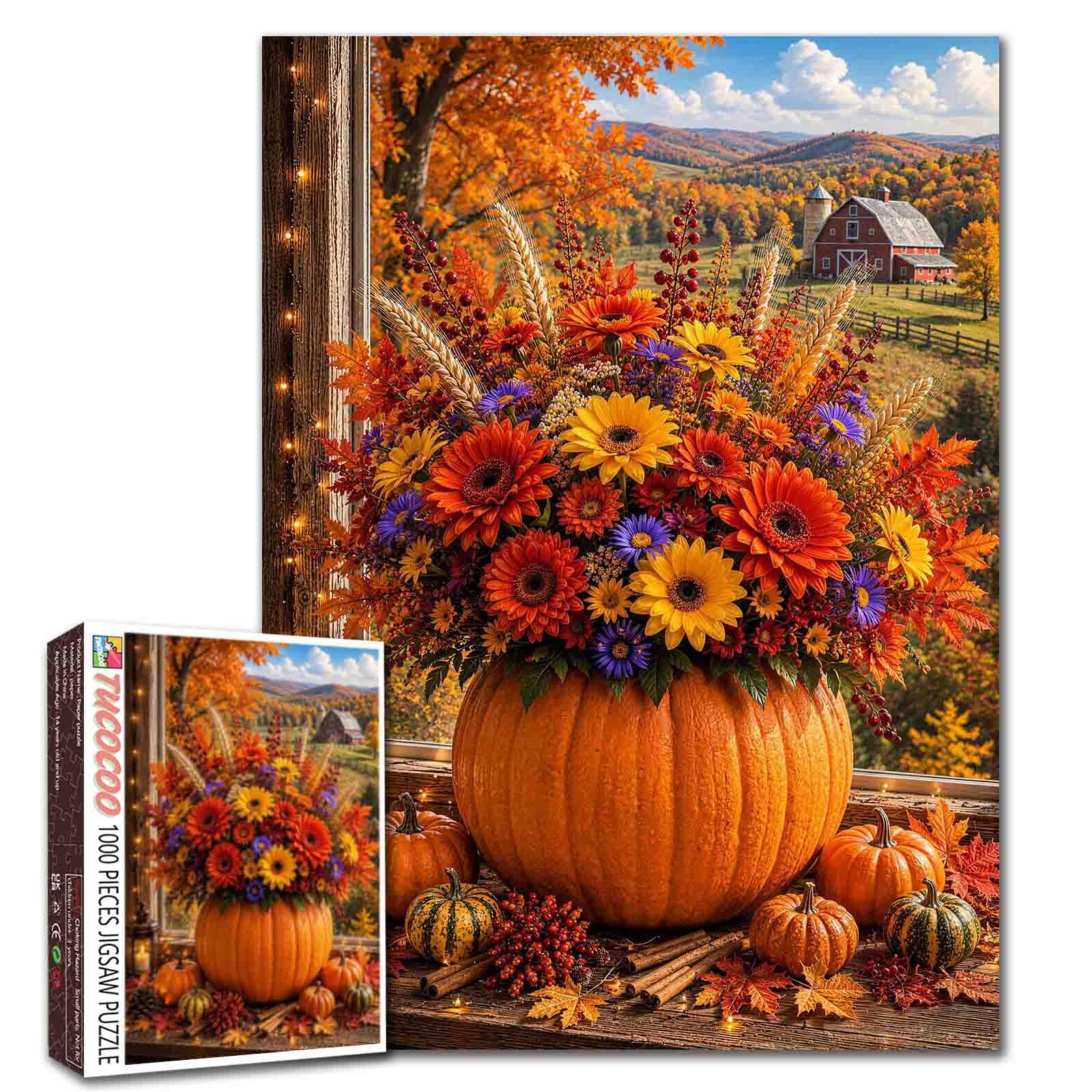 Fall Puzzle 1000 Pieces for Adults, Pumpkin Vase Autumn Flower Jigsaw Puzzle Sunflowers Farmhouse Window Landscape Puzzles, Rustic Harvest Artwork, Thanksgiving Home Decor Gift 19.7 x 27.6 Inches