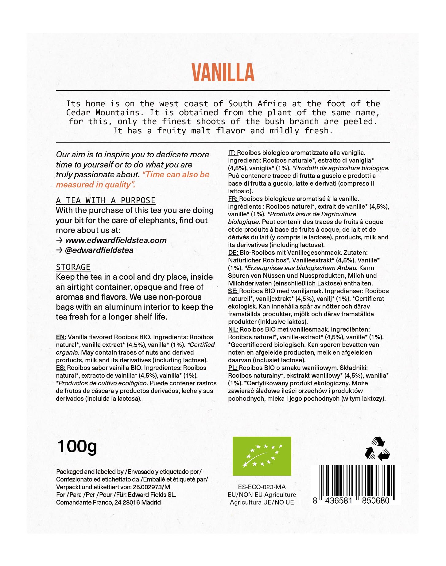 Rooibos orgánico a granel con Vainilla, infusión ecológica sin teina, 100g