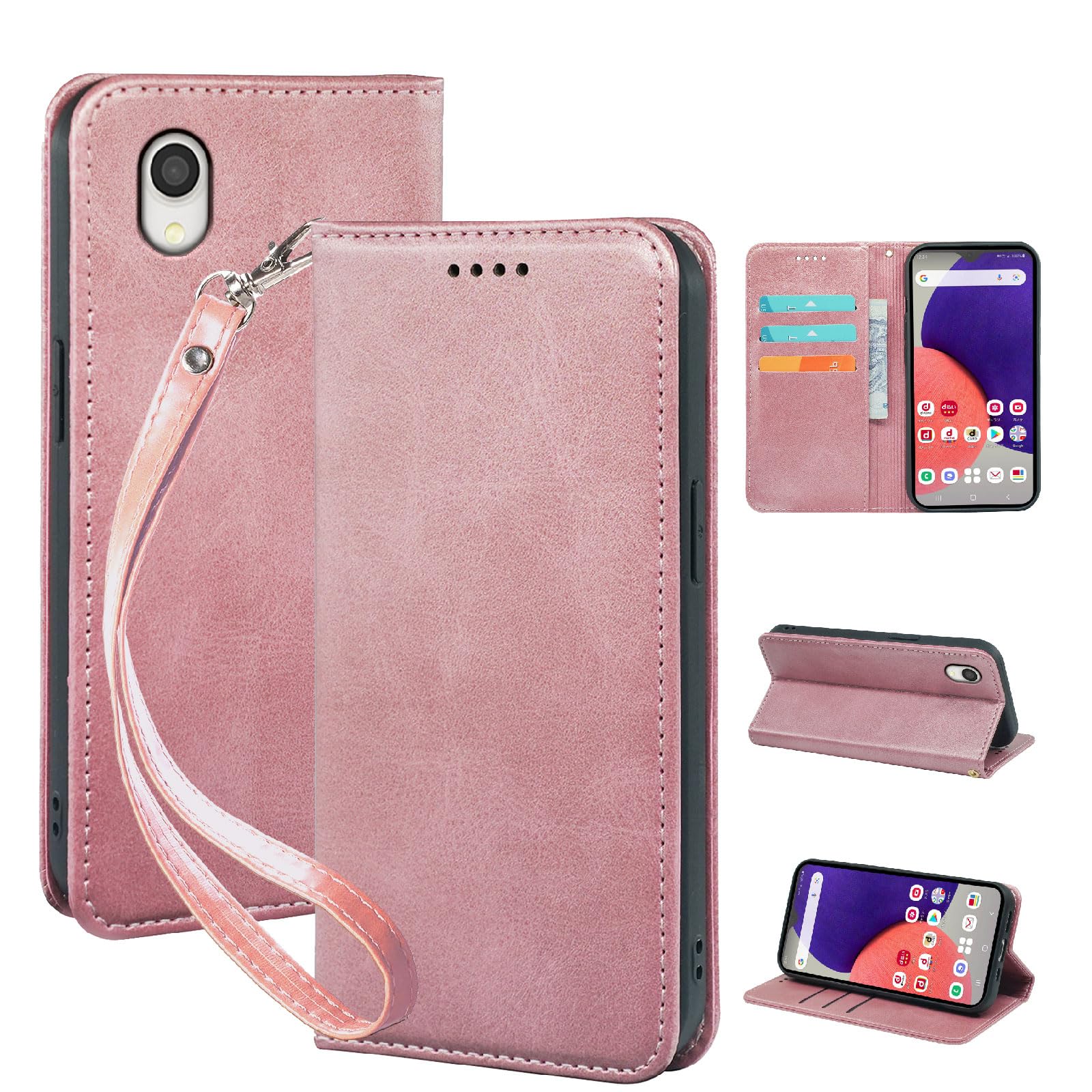 seninhi 対応 docomo Galaxy A22 5G 用の ケース 手帳型 ギャラクシーa22 5G SC-56B スマホケース 携帯ケース 職人仕様 手縫い革ケース 手帳型ケース スタンド機能付き 財布型 360度保護 耐衝撃 カード収納 レザー 多機能 ベルトループ付き おしゃれ 携帯カバー ライトローズゴールド XNWGA22PG