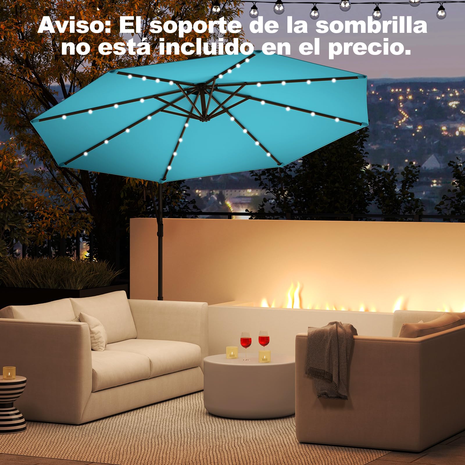 COSTWAY Sombrilla Terraza Exterior 3x3, Parasol Excentrico con 32 Luces LED Solar, Base Cruzada, Ajuste de Inclinación y Manivela, Rotación de 360°, Sombriila Jardin Terraza Balcón Patio