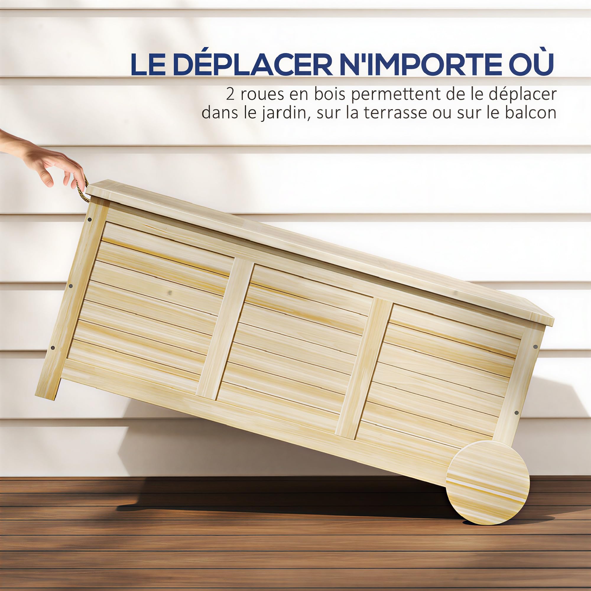 Outsunny Coffre de Rangement Extérieur en Bois Naturel 110 x 50 x 50 cm | 185L, Avec Roulettes, Bâche Intérieure Imperméable, Malle de Rangement