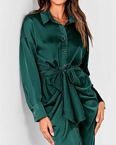 Miniatura 7 de BTFBM - Vestido de satén de manga larga para mujer, con solapa y cuello en V, con botones y cinturón, elegante, fruncido