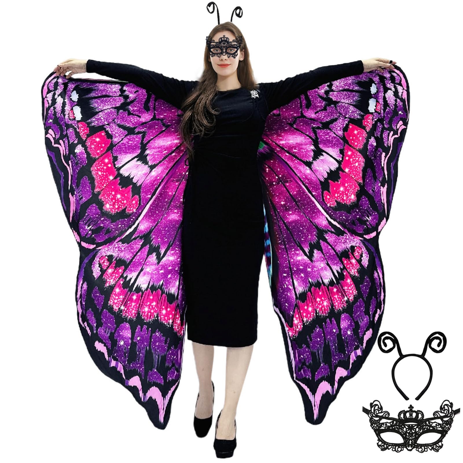 Cape Ailes De Papillon Adulte - Déguisement Féerique 168x140 Cm + Serre-tête + Masque Papillon Pour Femme, Halloween, Carnaval & Cosplay (Style A)