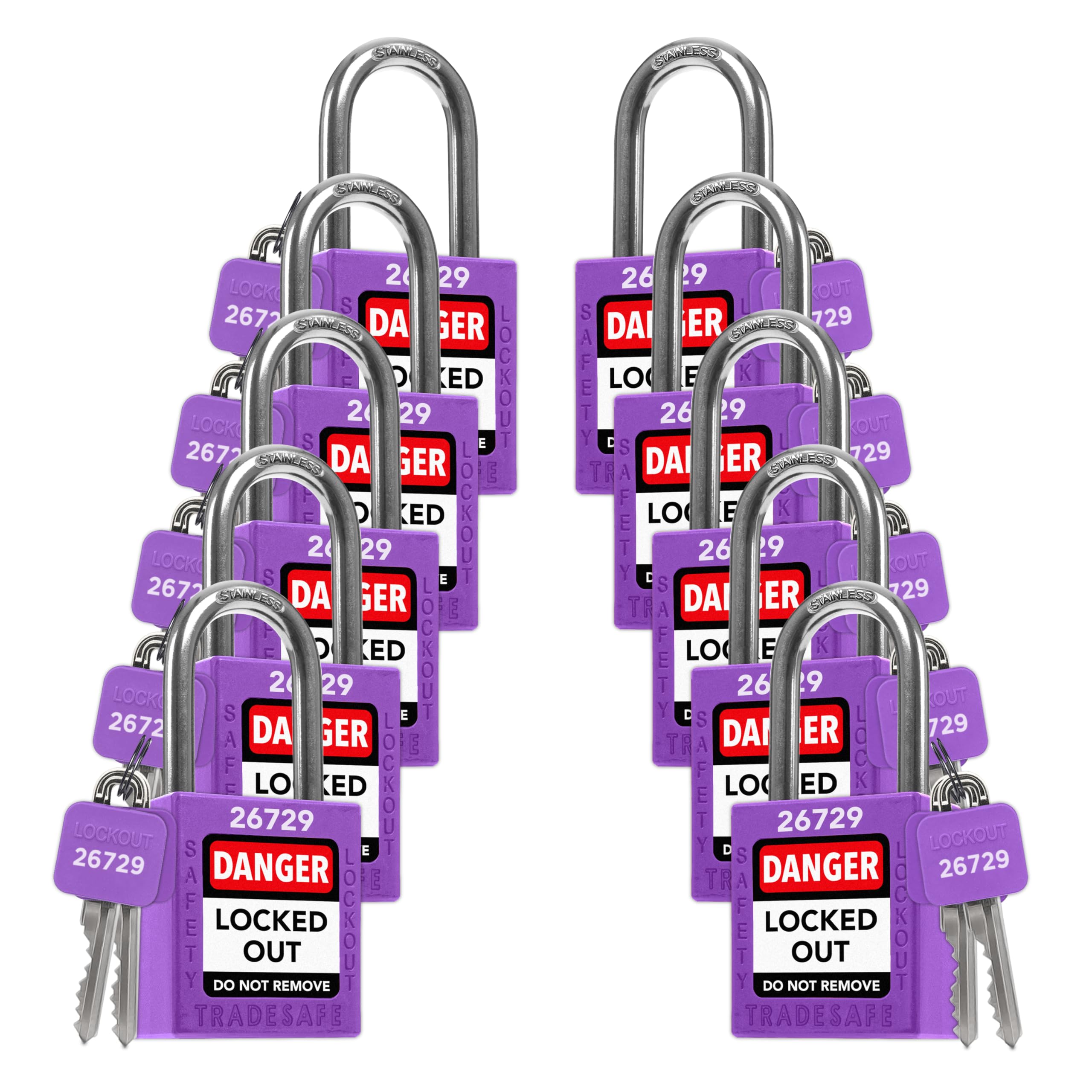 TRADESAFE Juego de cerraduras de bloqueo – 10 candados morados con llave igual, 2 llaves por cerradura, cerraduras Loto compatibles con OSHA para estaciones de etiquetado, grado premium