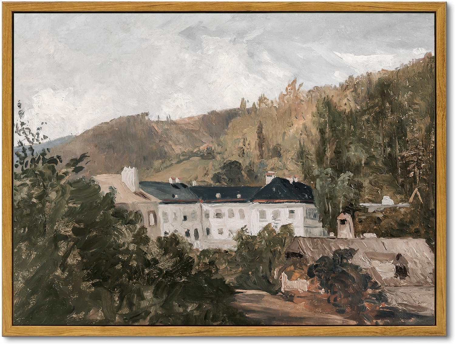 KBKBART Framed Wall Art Vintage Decor, Vintage European Villa Landscape Oil Painting, French County Wall Decor, Rustic Canvas Artwork Wall Decor, Antique Scenery Wall Art Prints for Bedroom Living