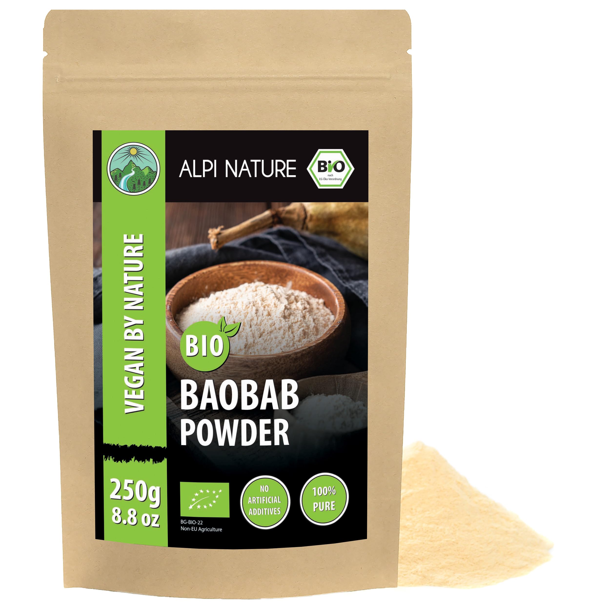 Alpi Nature Organic Baobab Powder 250g 8.8 oz, Dried and Ground Baobab Fruit, Gluten Free Powder