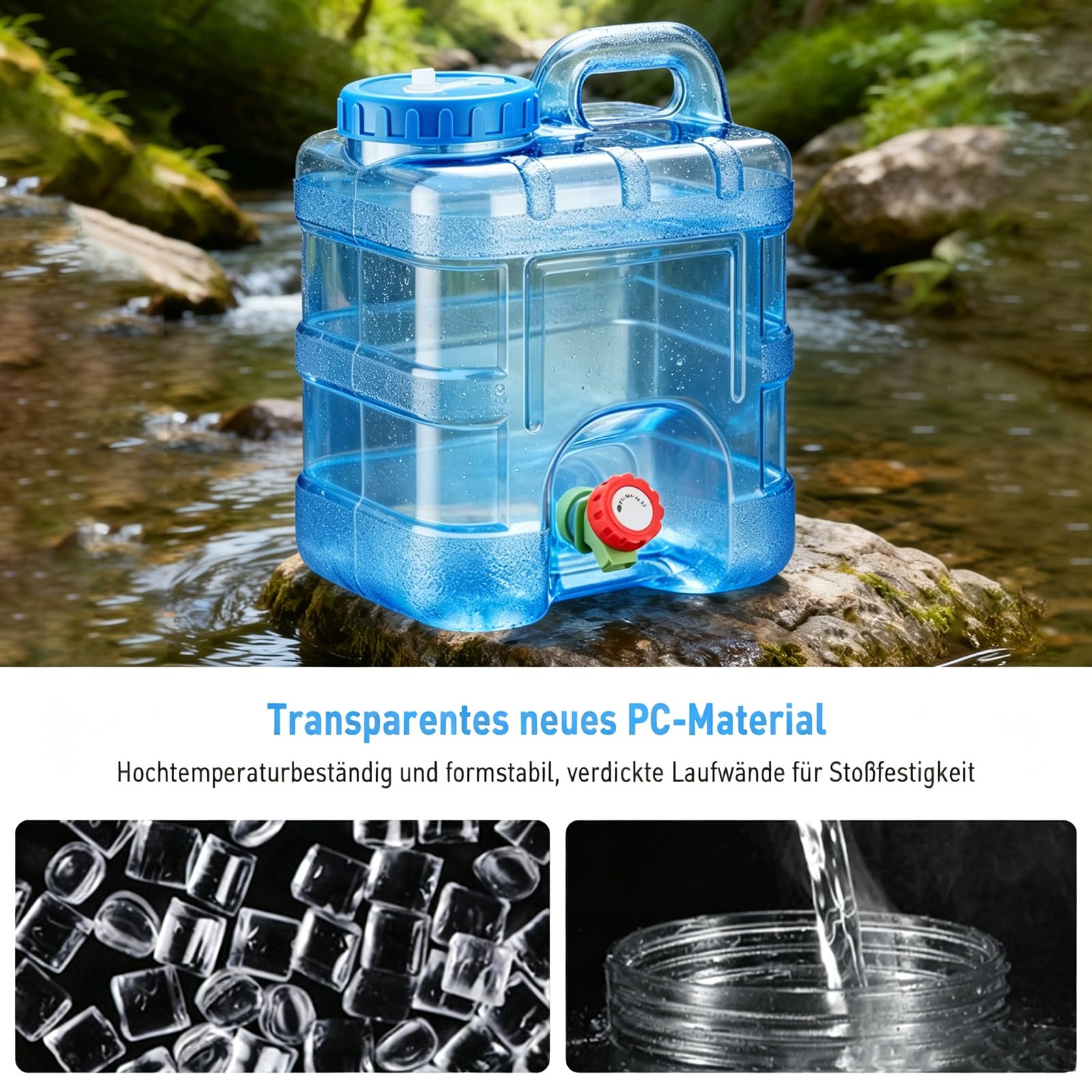 Tanica dell'acqua da 10 l con rubinetto e accessori, serbatoio dell'acqua da campeggio in materiale PC, senza BPA, maniglie per il trasporto, con tubo, spazzola, coperchio, ideale per viaggi
