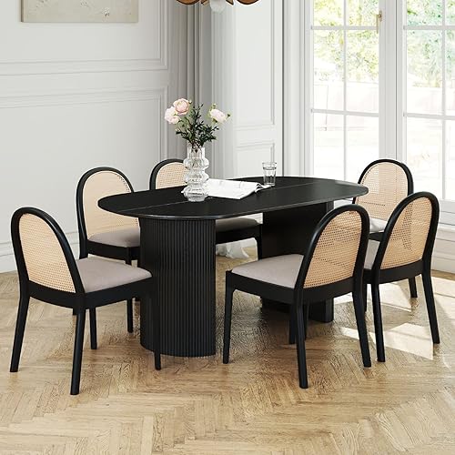 Miniatura 3 de LukeAlon Juego de 2 sillas de comedor de lino, sillas laterales de caña tejida natural con patas de madera maciza, sillas de comedor de mediados de