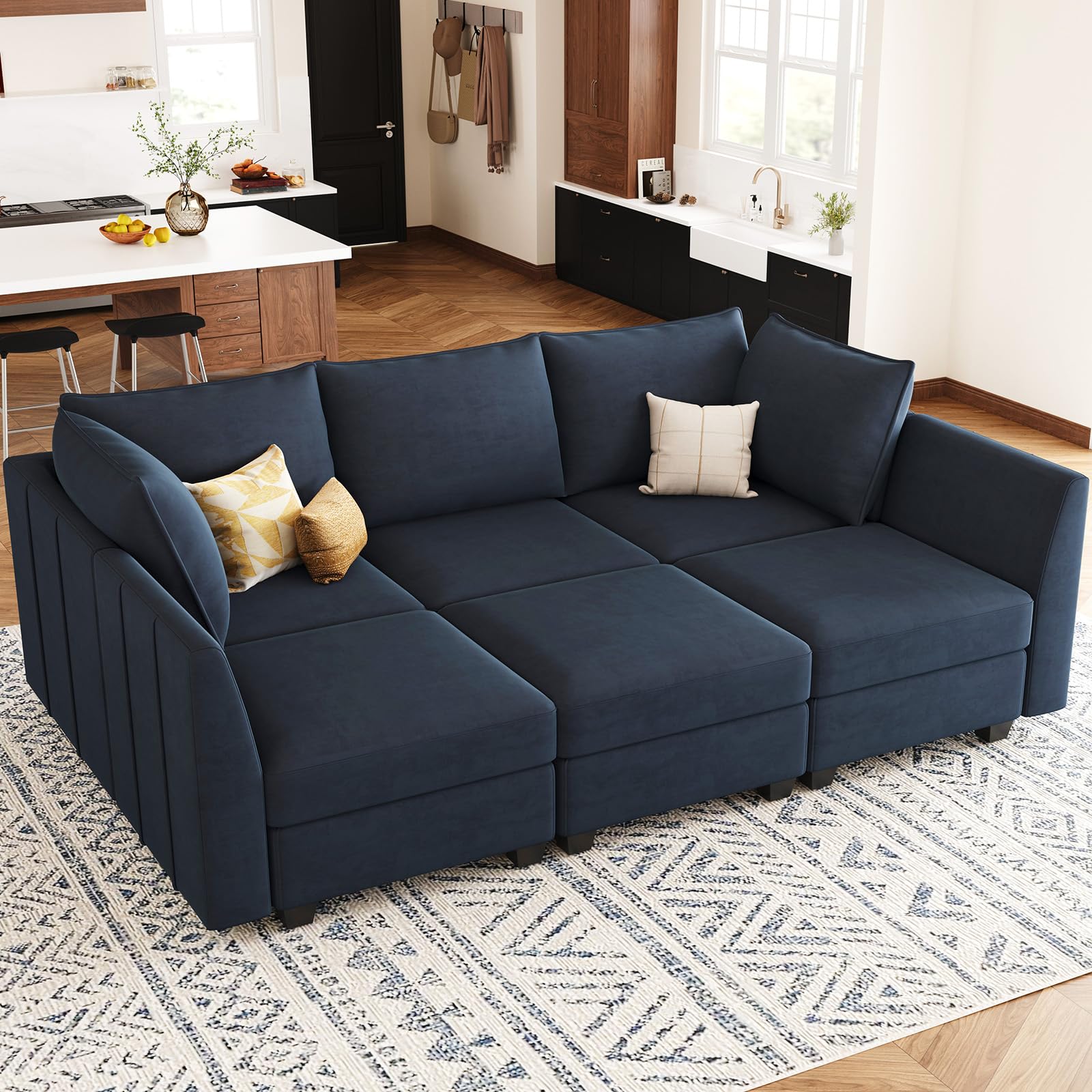 Belffin Modular Sectional Sofa Sleeper Couch with Storage Velvet Sectional Sofa Bed, 6 Seats, Blue