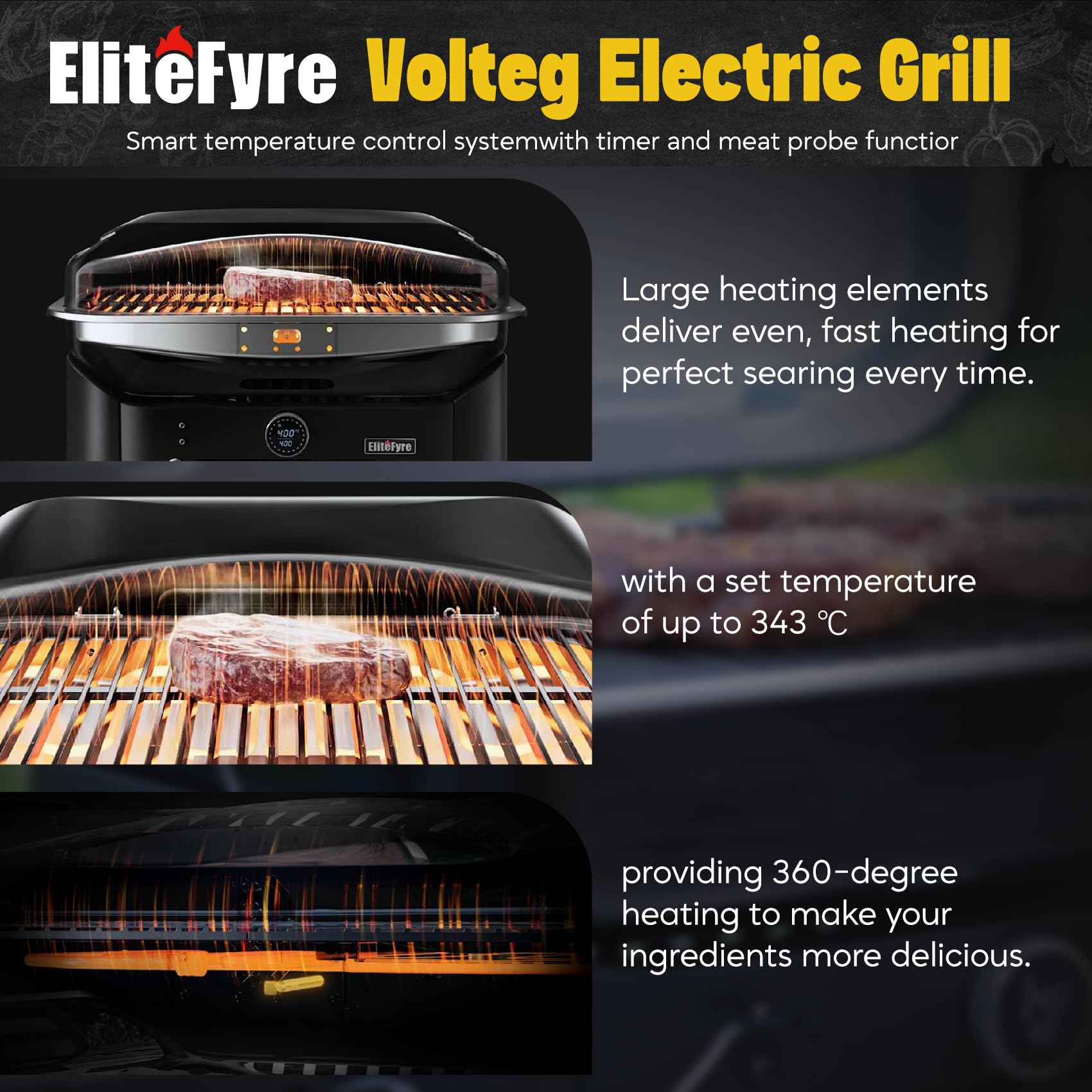 Volteq Smart Elektrogrill, 343°C Profi-Hitze in 20 Min, Tischgrill mit Fleischsonde & LED-Display, 1720 cm² Grillfläche, 6-in-1 Multigrill für Balkon & Terrasse, Emaille-Beschichtung