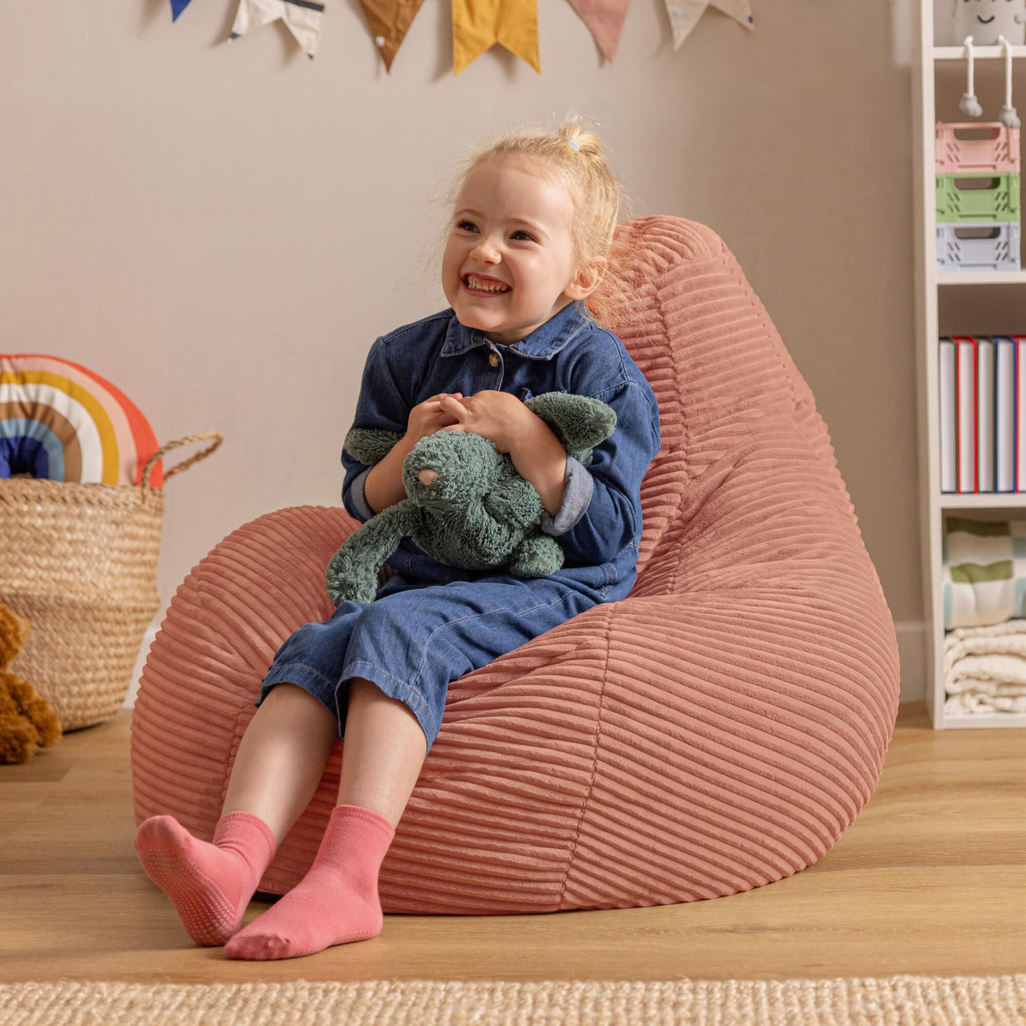icon Dalton Pouf Bambini, Rosa, Velluto a Coste, Poltrona Sacco con Riempimento Incluso, Sedia Bambini, Mobili Camera da Letto