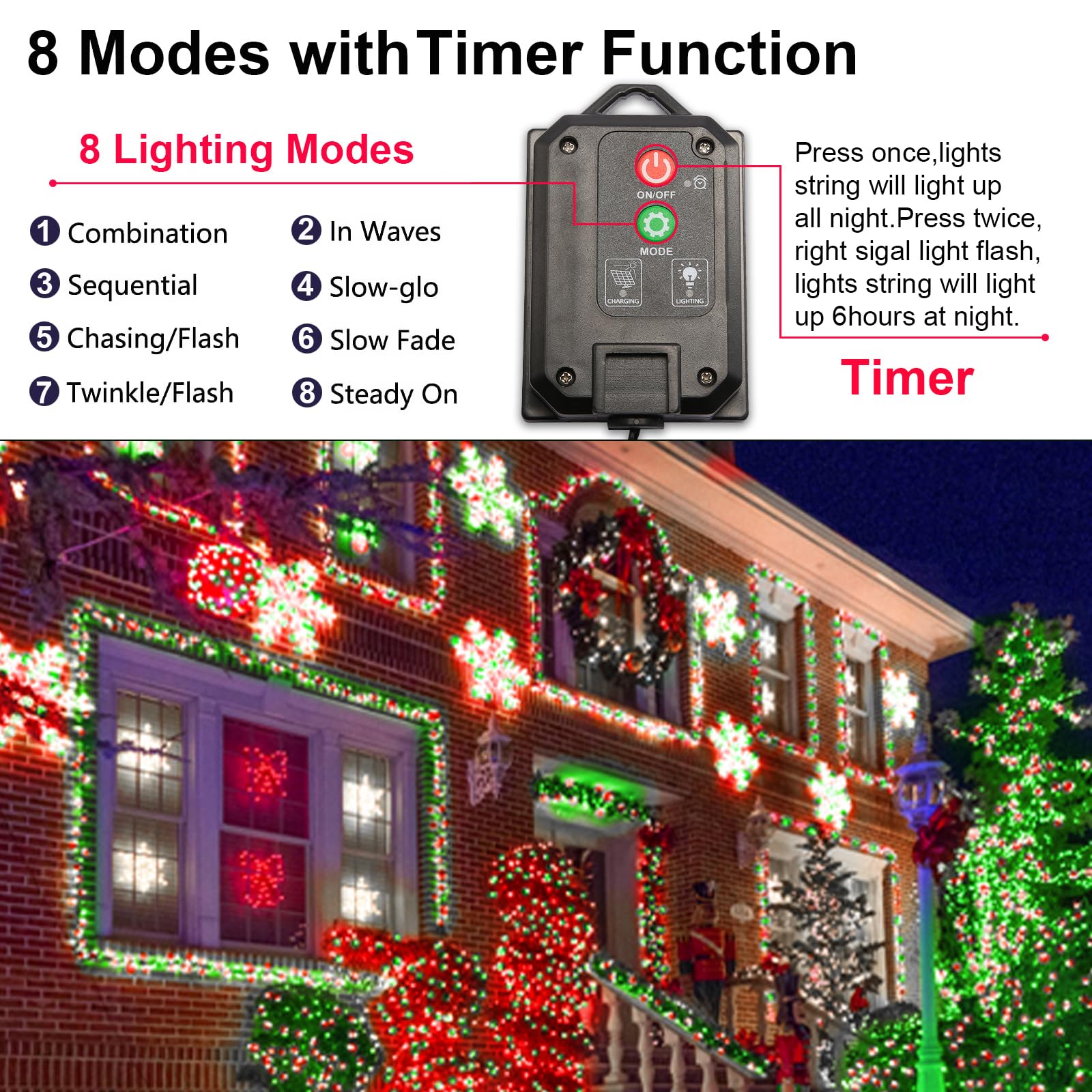 Luces solares de Navidad rojas, blancas y verdes para exteriores, paquete de 2 tiras de 400 luces LED de 152 pies con 8 modos IP44 impermeables para árbol, jardín, patio, boda, fiesta, decoración de