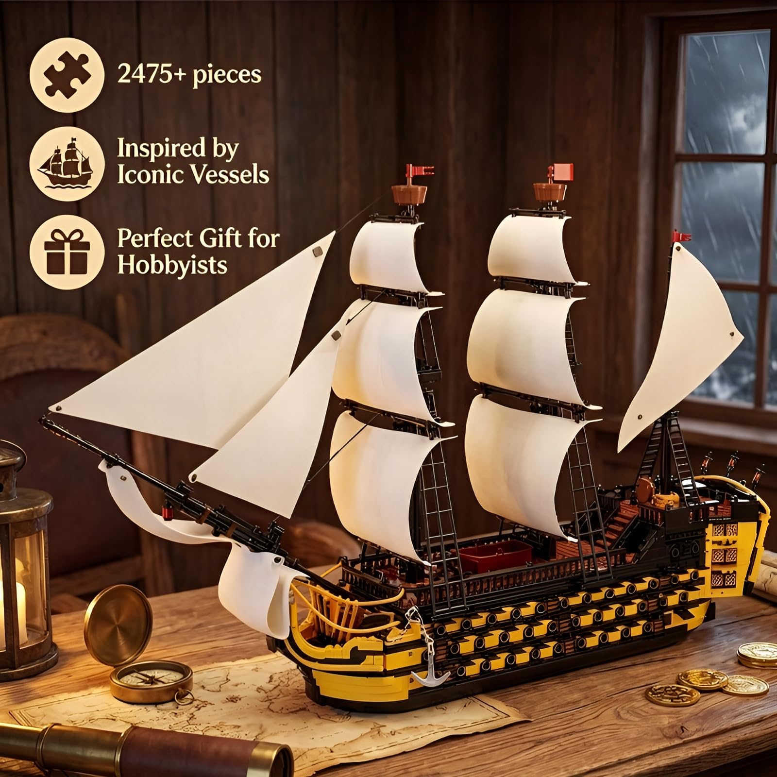 DzirePada Endeavour Schiff Bausteine Bausatz, 2475Stück Piraten Boot Modell Spielzeug, MINT Segeln Schlachtschiff Klemmbausteine Kit, Ideen Geschenke für Jugendlicher Erwachsene
