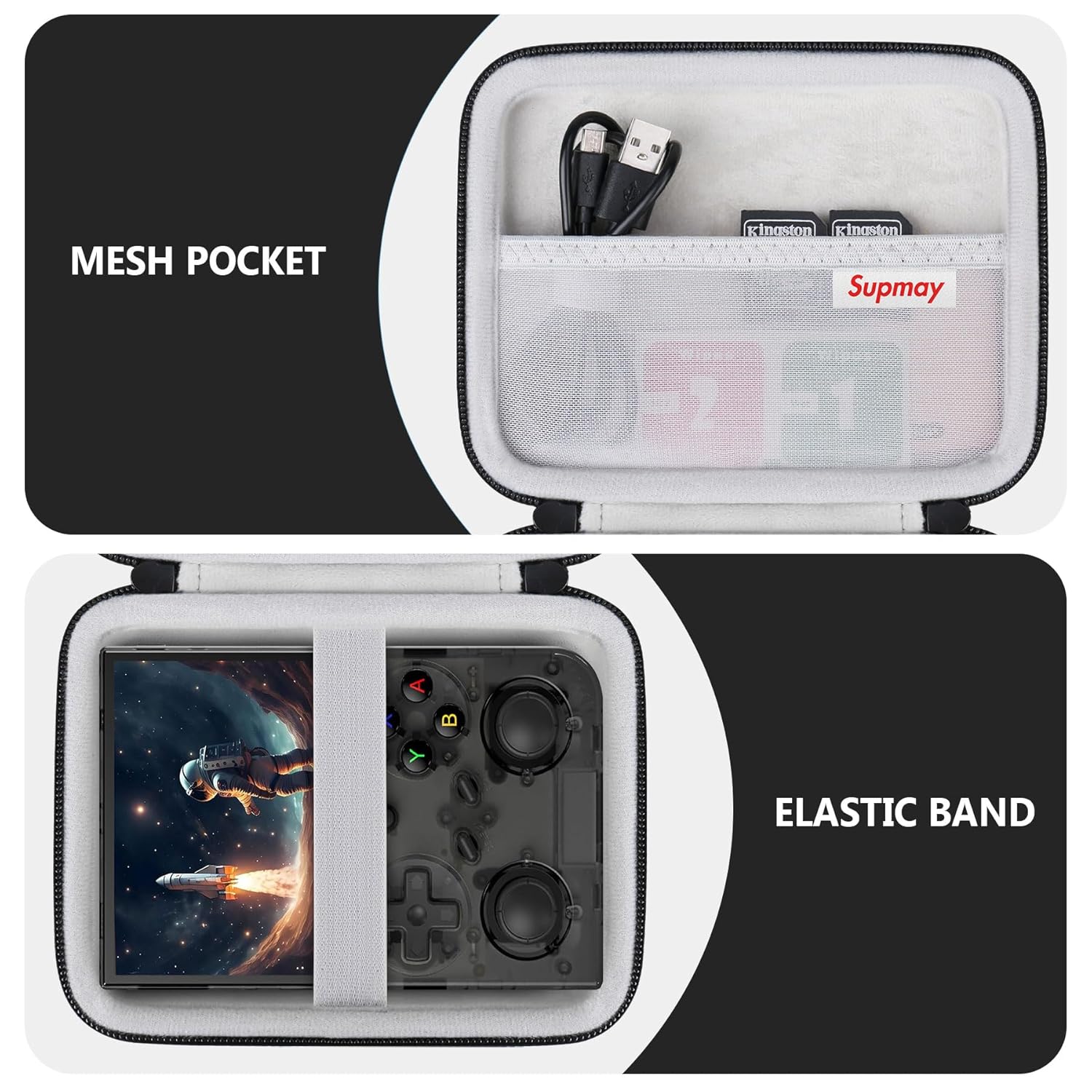 Supmay Hard Carrying Case for G350/RG35XX Pro/RG40XXV/RG405V/RG406V Retro Handheld Game Console, Retro Game Travel Storage Holder with Mesh Bag for SD Card, USB Charging Cable, User Manual, Black