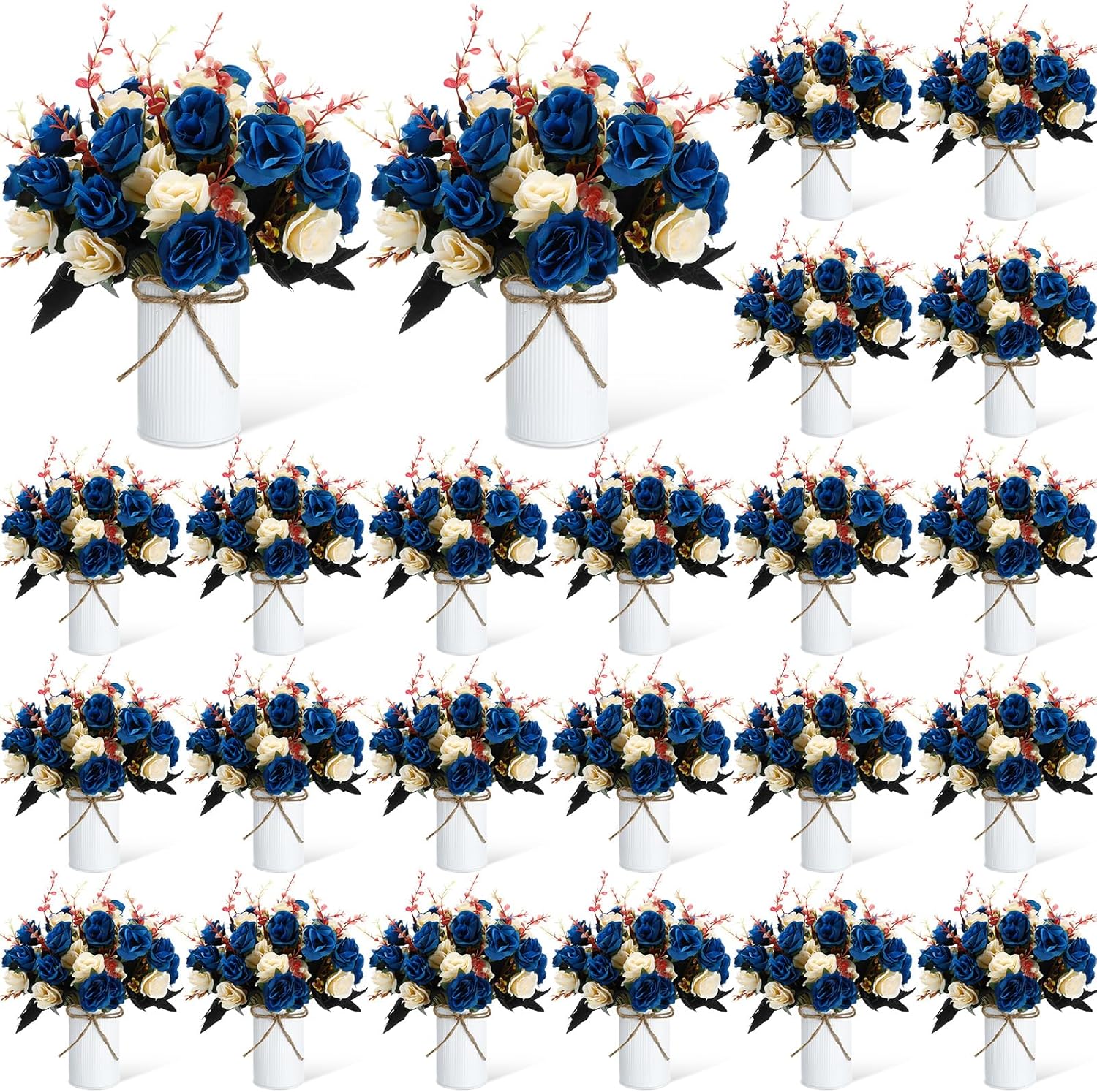 Domensi 24 Sets Wedding Table Centerpiece Artificial Flowers with Vase 48 Pcs Fake Bouquets 24 Pcs Metal Vases Floral Arrangements for Holiday Party Event Table Decor(Dark Blue)