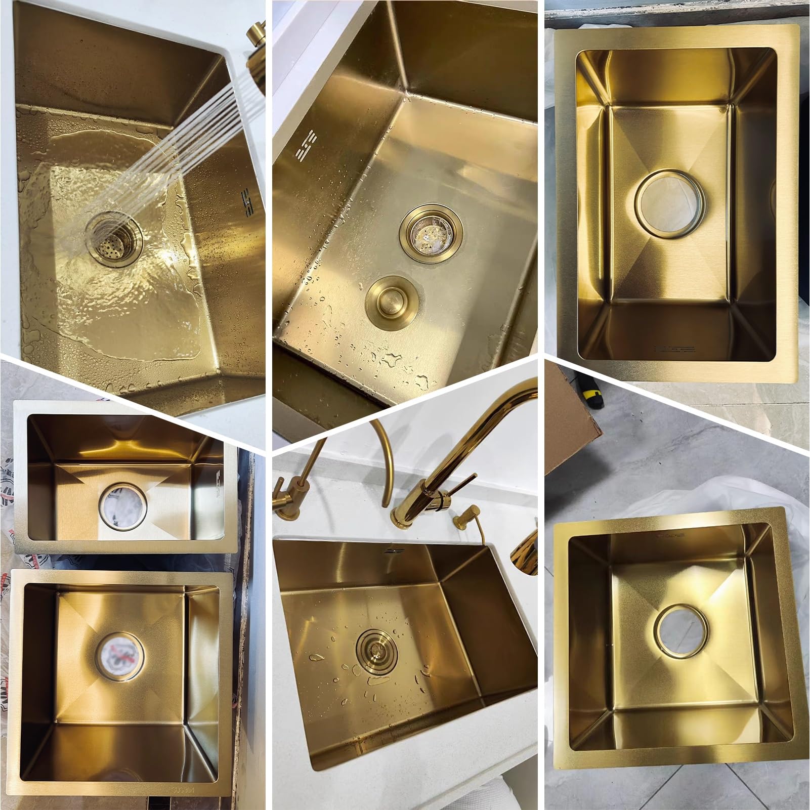 Lavello da Incasso Quadrato in Acciaio Inox, Vasca Singola, lavello Compatto per Piccole cucine, salvaspazio, Superficie con Rivestimento Nano con Kit di Scarico (Oro, 75x45 cm)