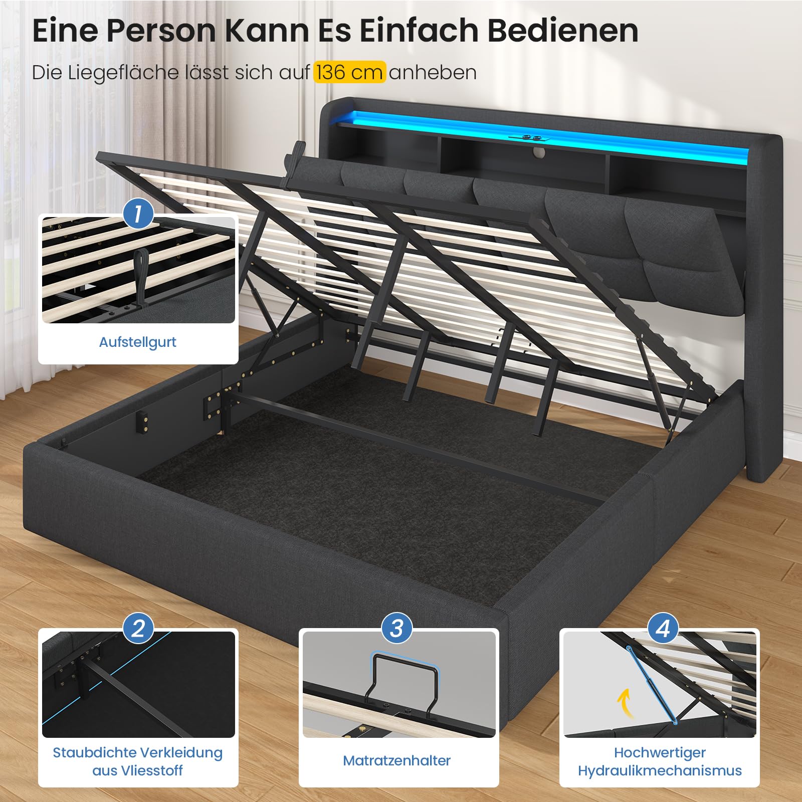 Brinlawb Polsterbett 180x200 mit Bettkasten, Hydraulisch Stauraumbett mit LED-Beleuchtung und Ladestation, Doppelbett 180x200 cm mit gepolstertem Stauraum-Kopfteil und viel Stauraum unterm Bett, Grau