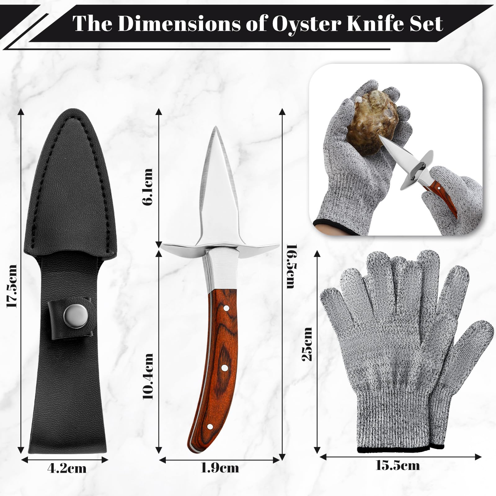 Juego de Cuchillos para Ostras, Abreostras Profesional de Acero Inoxidable, con 1 Par de Guantes Protectores y 1 Funda de Cuero para el Cuchillo, Apto para Marisco o Queso Duro