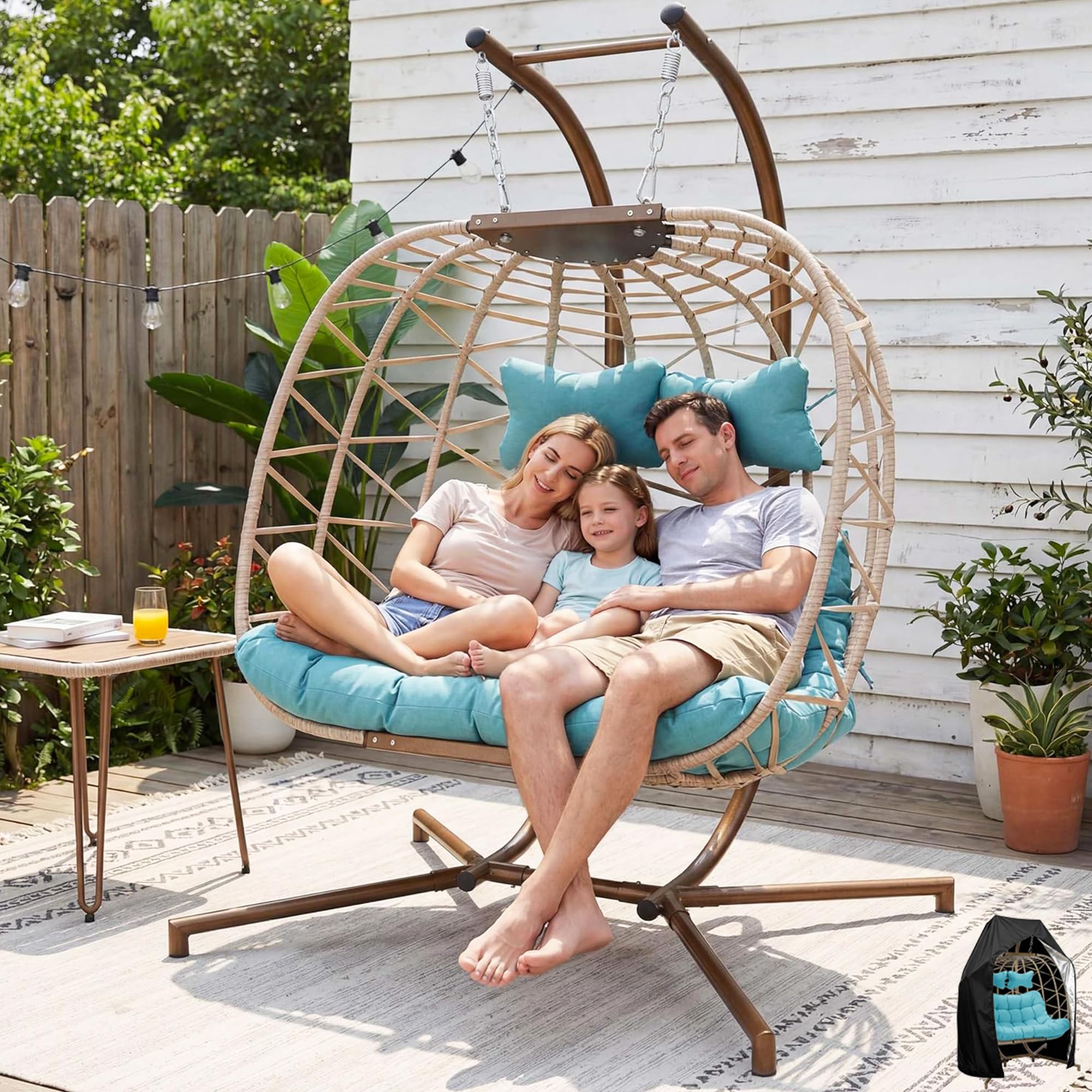 NICESOUL Double Swing Wicker Egg Chair with Stand Indoor Outdoor, 2 Person Patio Wide Hanging Egg Hammock Chair with Cushions, Heavy Duty Porch Swings
