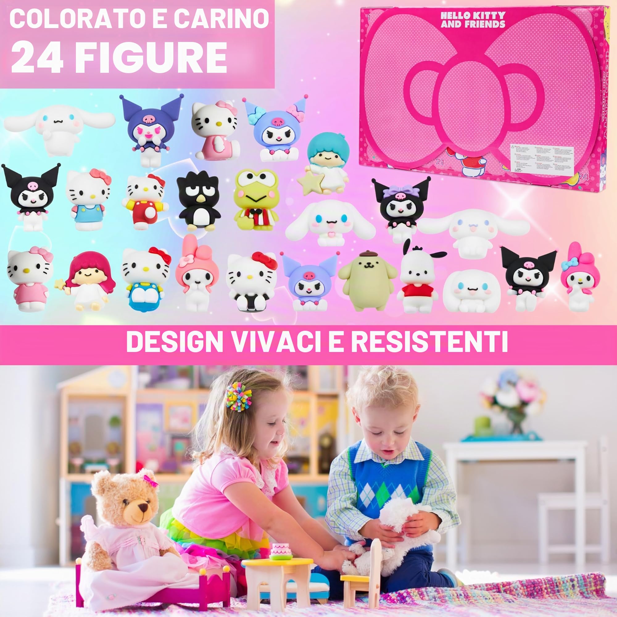 Hello Kitty Sanrio 3D Statuine Miniatura 24 Pz, Kuromi Cinnamoroll My Melody Collezione Anime Figure, Decorazione Scrivania Tavolo, Regali per Lei (Rosa 24 Pz)
