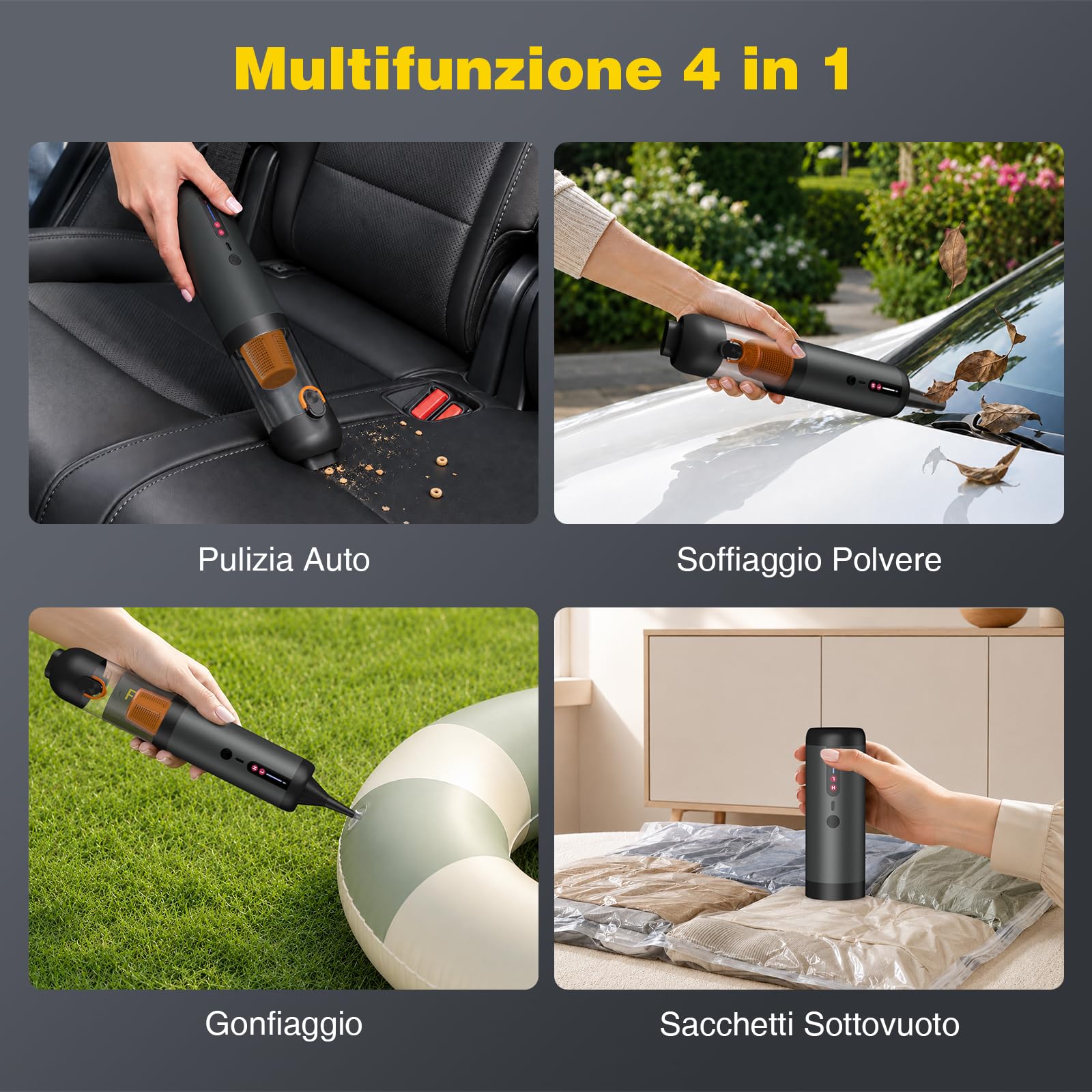 Aspirapolvere per Auto Senza Fili 4-in-1, Aspirapolvere Portatile 20.000 Pa/120 W/40 Min, Batteria 7800 mAh, 2 Modalità Aspirazione, Aspirazione e Soffiaggio, Ricarica Rapida USB-C 2,5 ore