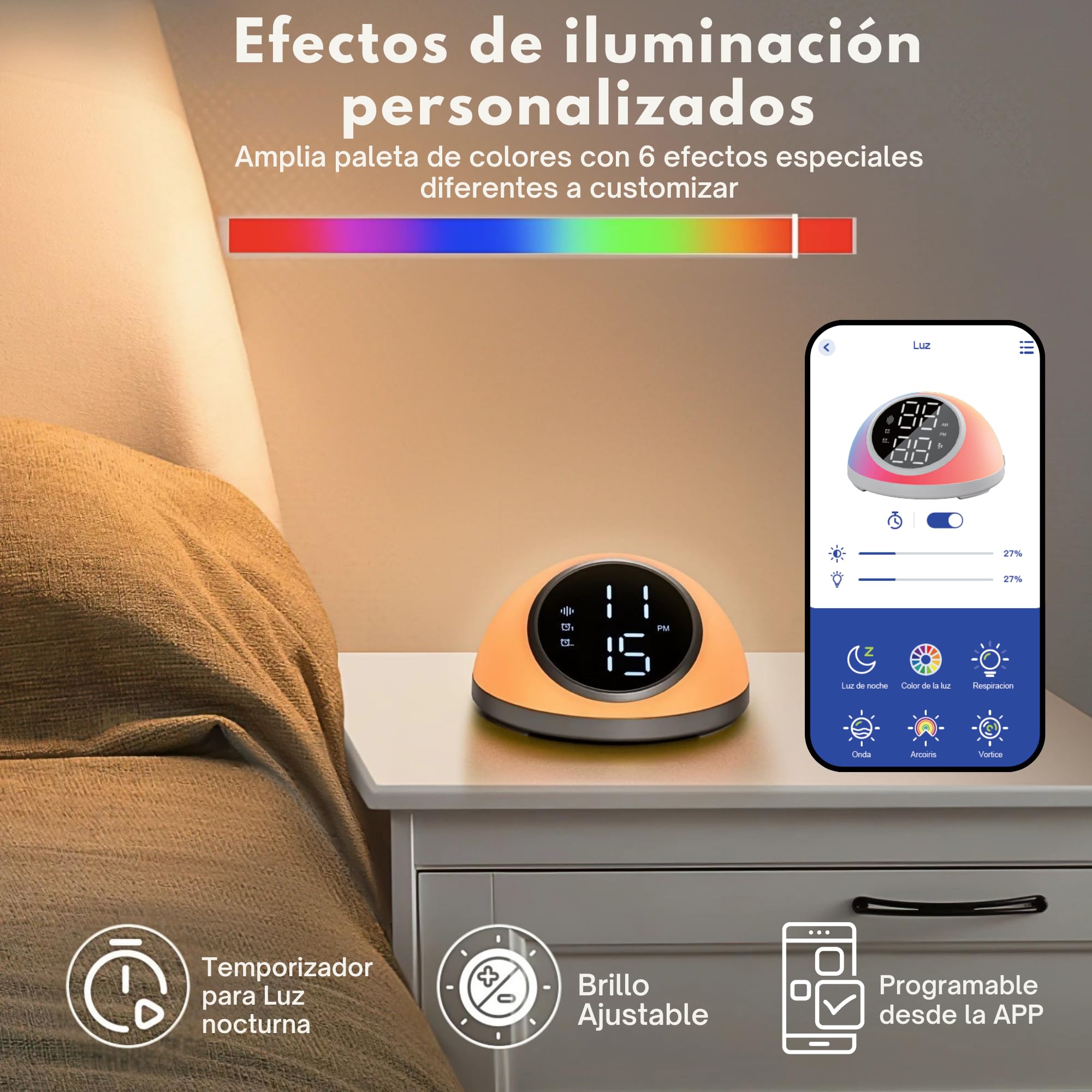 smartia - Despertador Inteligente Modelo 2026 Pro, Despertador Digital con App Programable, Despertador Solar y 20 Sonidos de Naturaleza, Alarma con luz de Amanecer, Reloj Despertador Digital