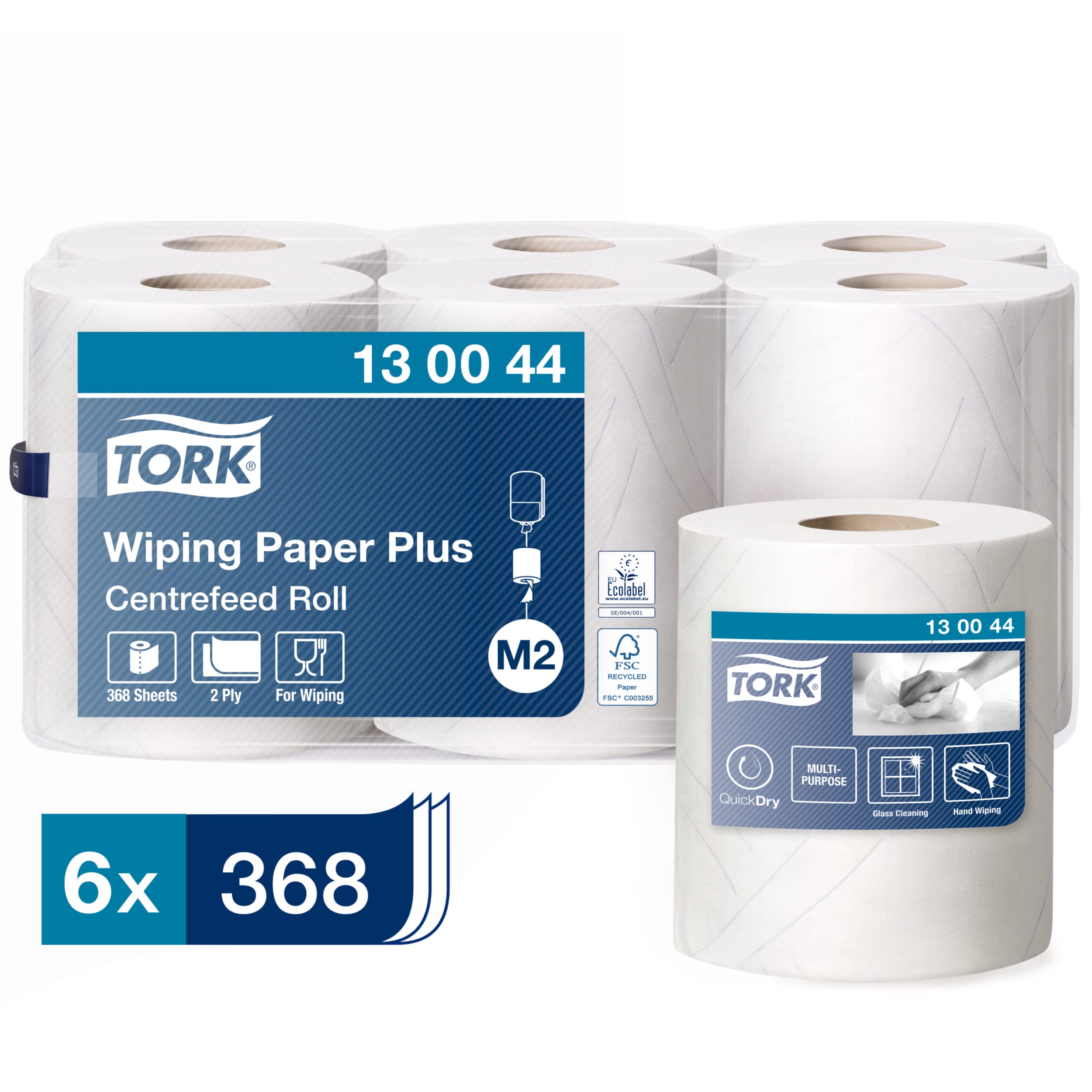 Tork 130044 Starke Mehrzweck Papierwischtücher für das M2 Innenabrollung Spendersystem / 2-lagiges stabiles Papier in Weiß / mit Quick Dry Funktion, 6 x 125 Meter