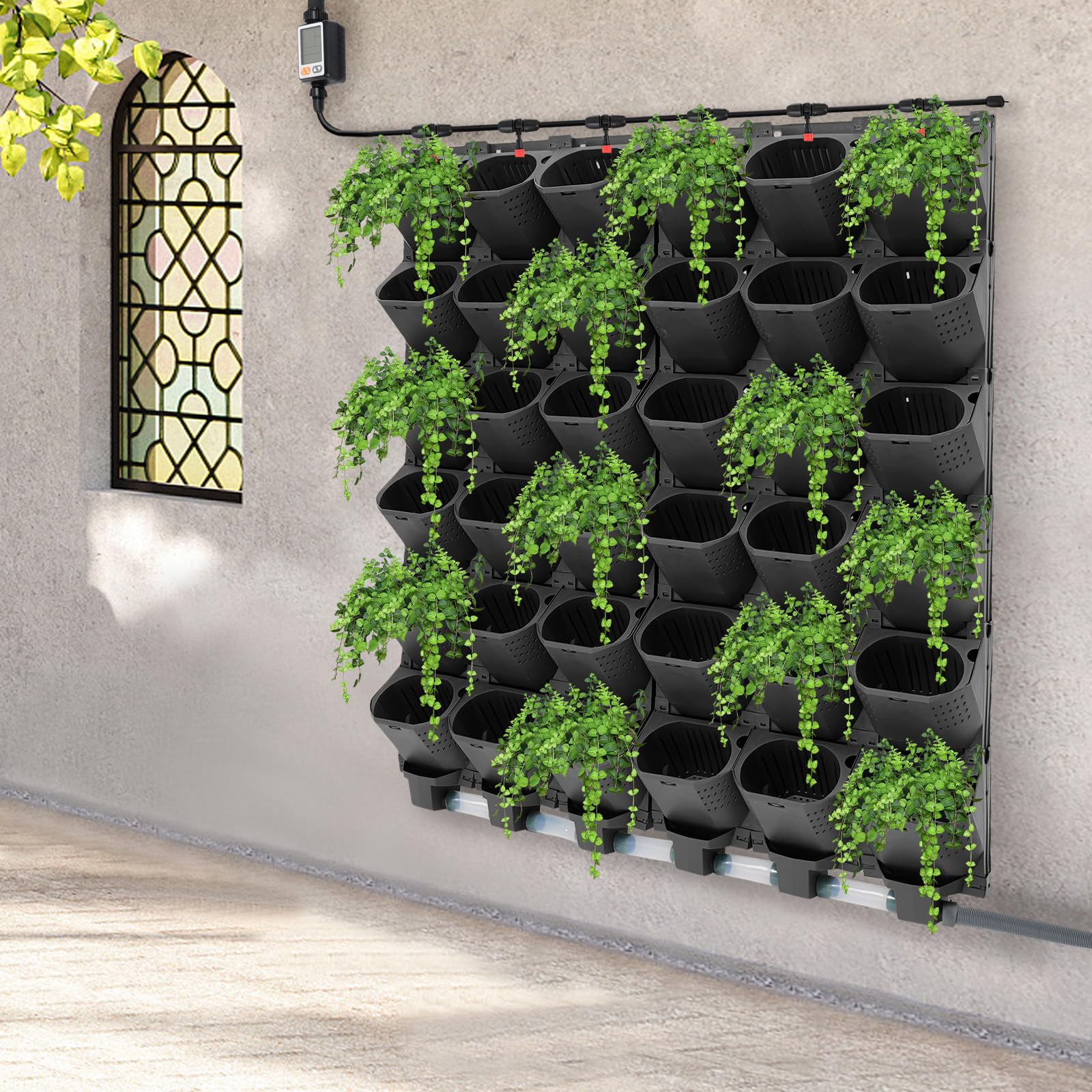 Set di vasi da parete verticali con sistema di irrigazione auto, 36 vasi, parete da giardino autoirrigante, con timer e sensore di pioggia, per interni/esterni/balconi (nero)