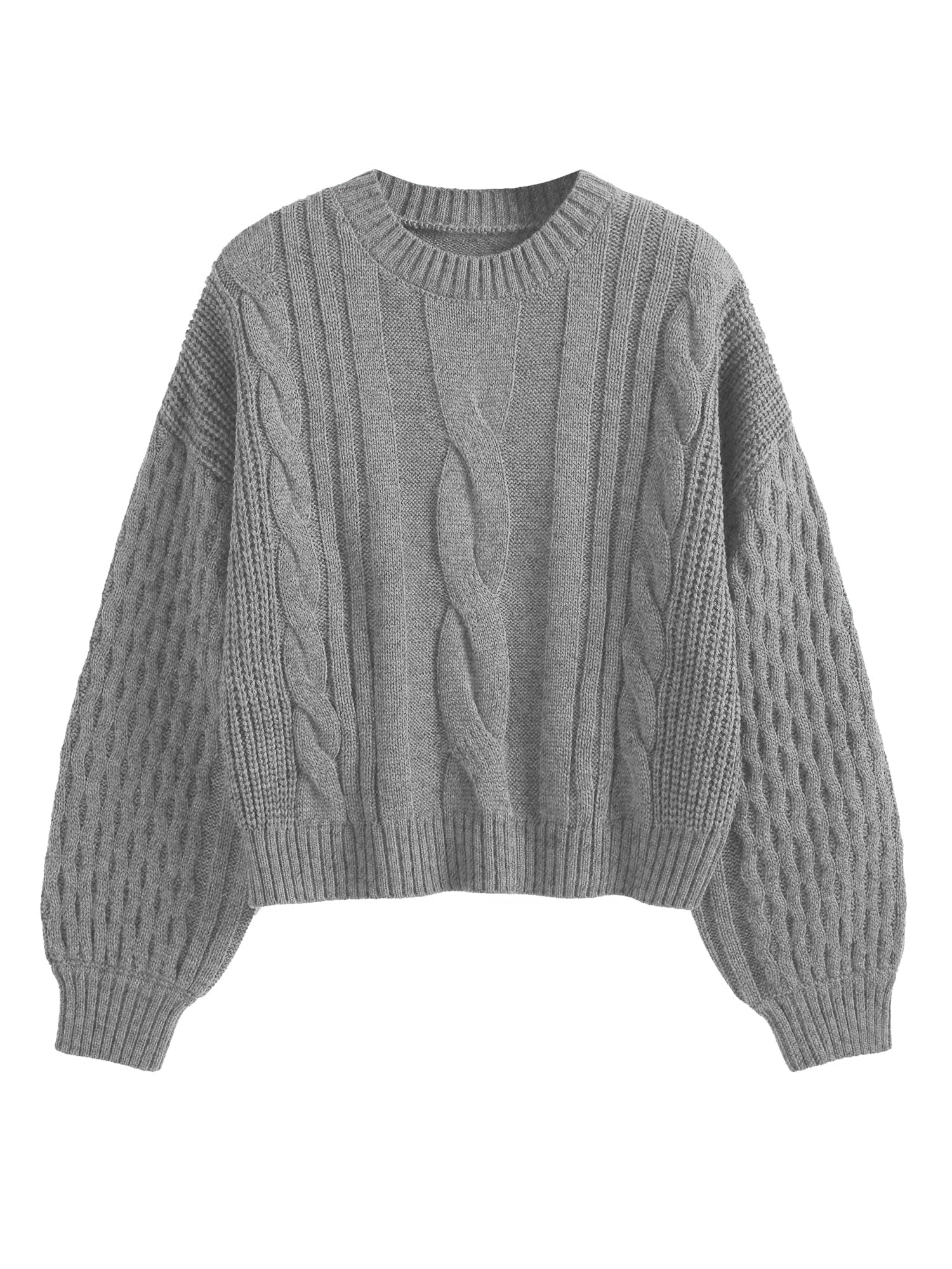 ZAFUL Women's Solid Knit Cable Sweater Casual Long Lantern Sleeve Pullover