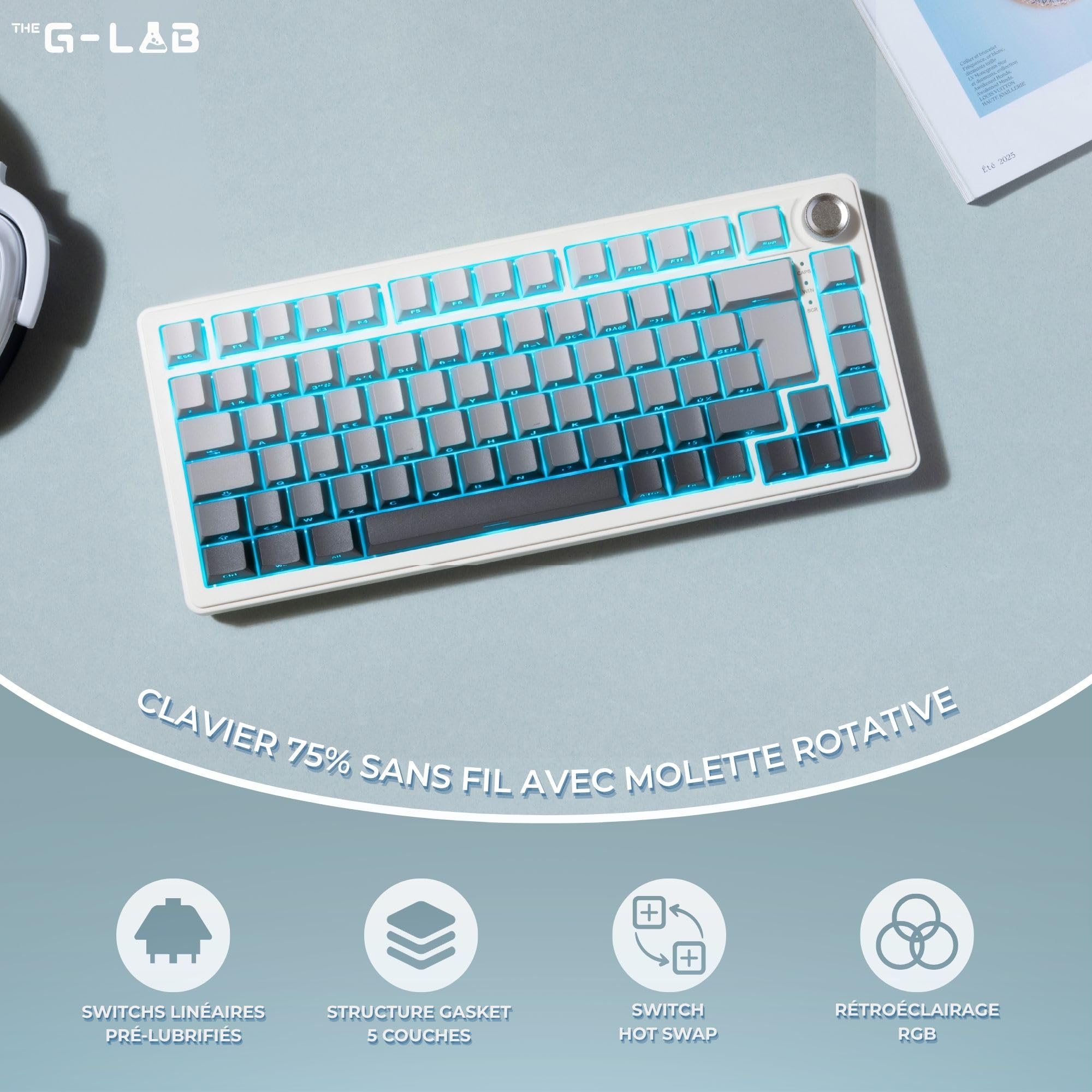 The G-Lab KEYZ Elite 300 GRW - Tastiera Gamer Wireless TKL Tri Mode 2.4 Ghz/Bluetooth/cablata - Tastiera meccanica Hot Swap, Switch Pre-lubrificati, Incisore Laterale, RGB+Macro - AZERTY FR - Windows