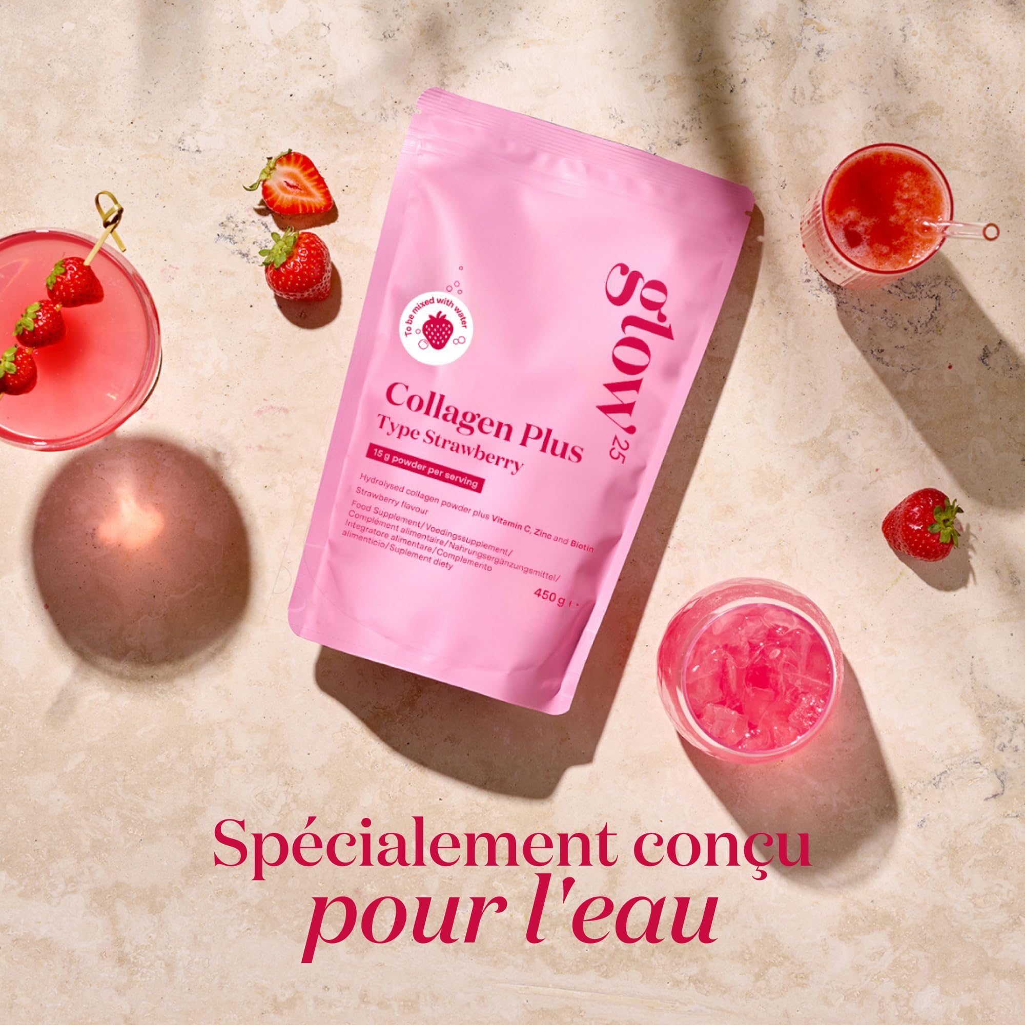 Glow25® Collagen Plus Fraise – vitamine C, zinc, biotine – peptides 1, 3 | Collagen plus fraise avec vitamine C, zinc et biotine – peptides type 1 et 3 – saveur fraise